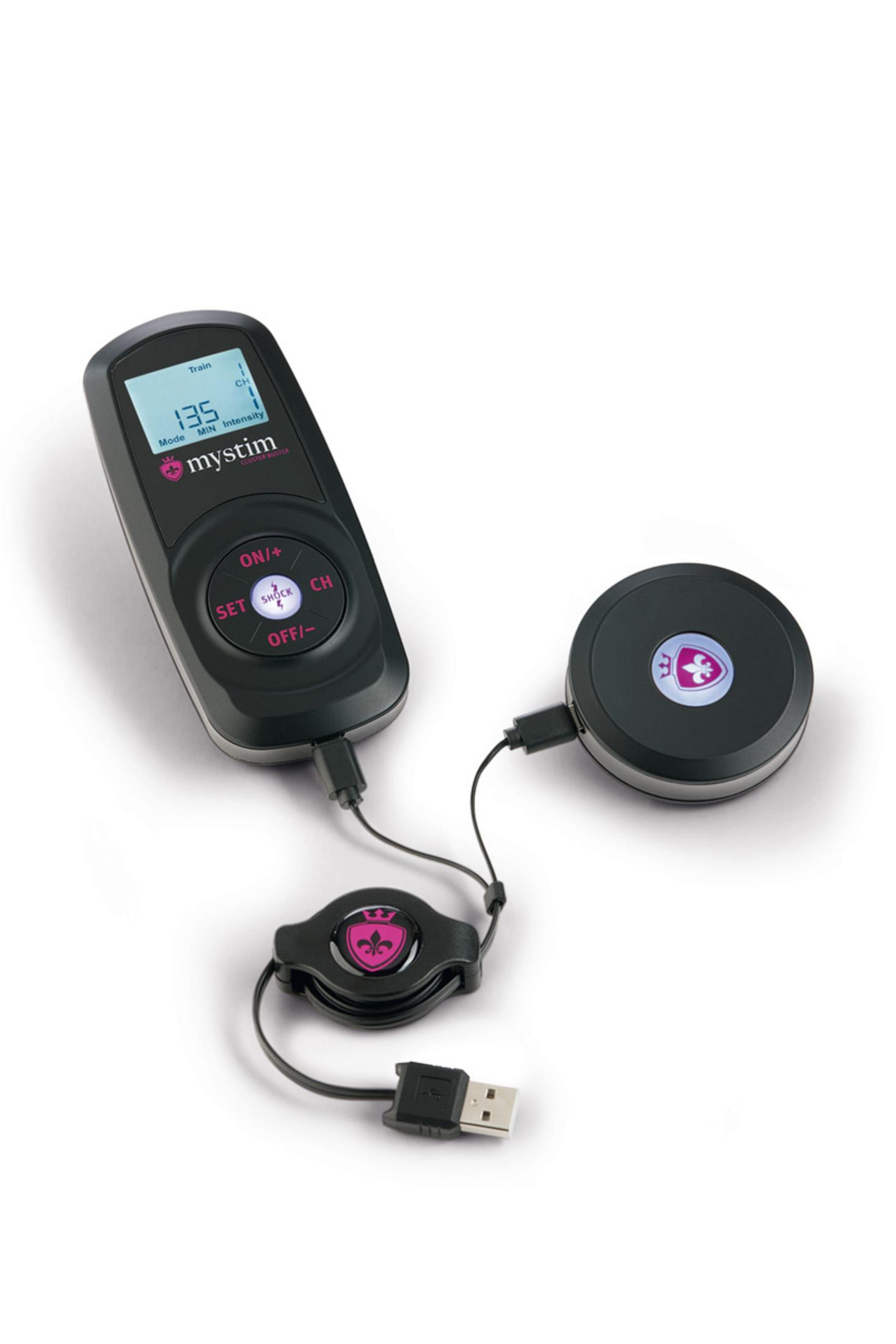 Ein schwarzes Mystim-Gerät mit LCD-Bildschirm, verbunden mit einem runden schwarzen Modul.