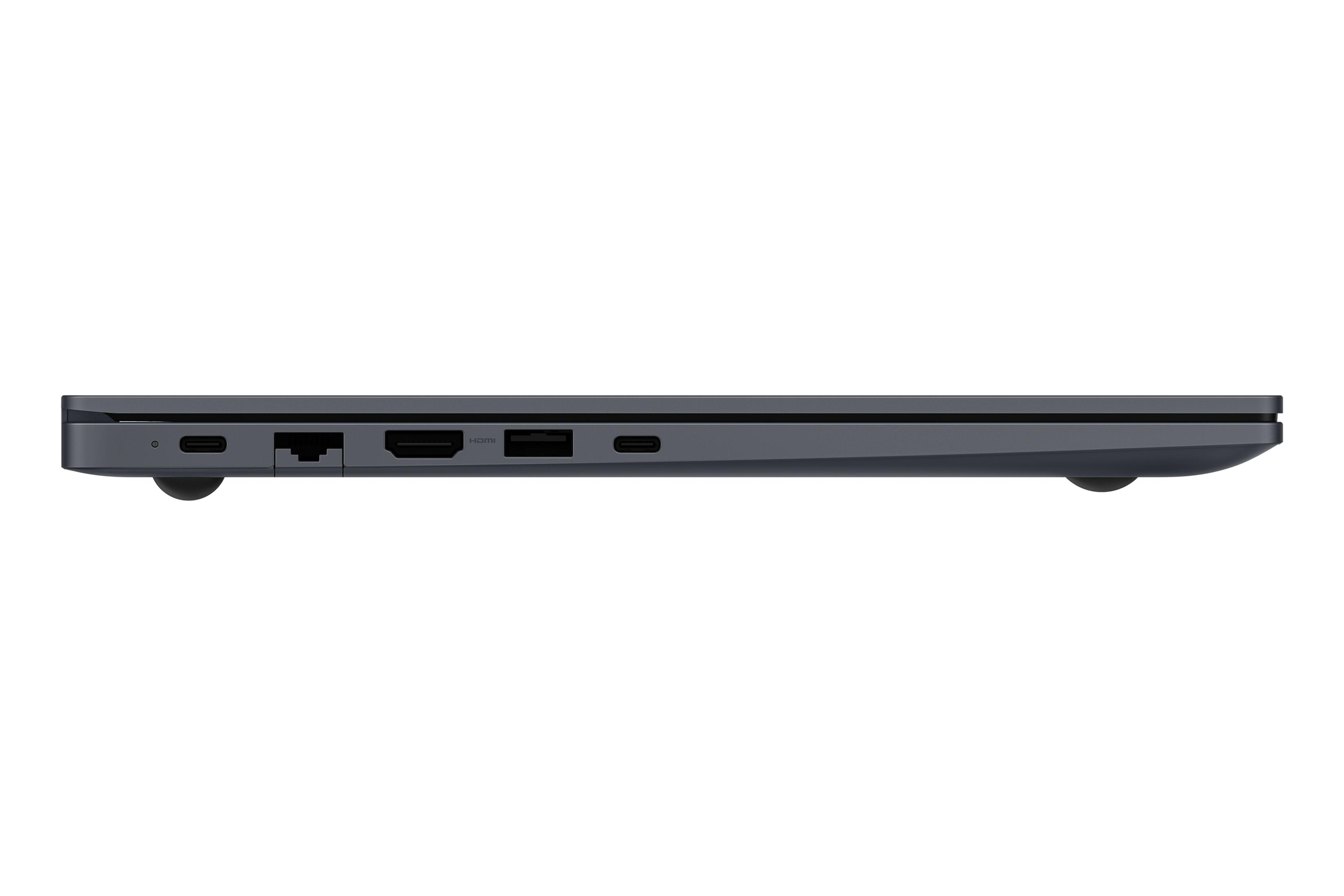 Perfil de portátil gris mostrando puertos: USB-C, Ethernet, HDMI, USB-C.