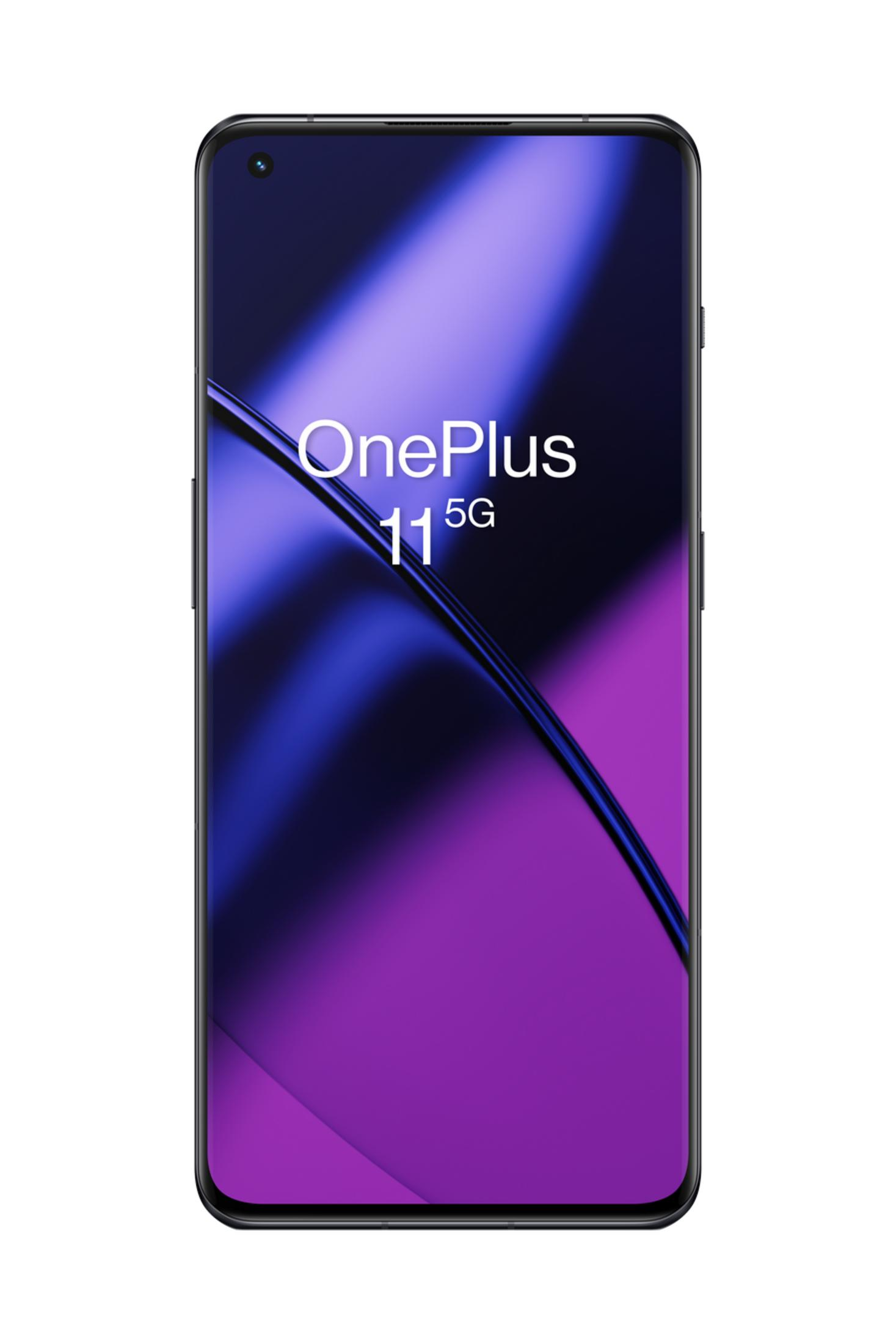 Czarny smartfon wyświetlający fioletowo-niebieską tapetę.