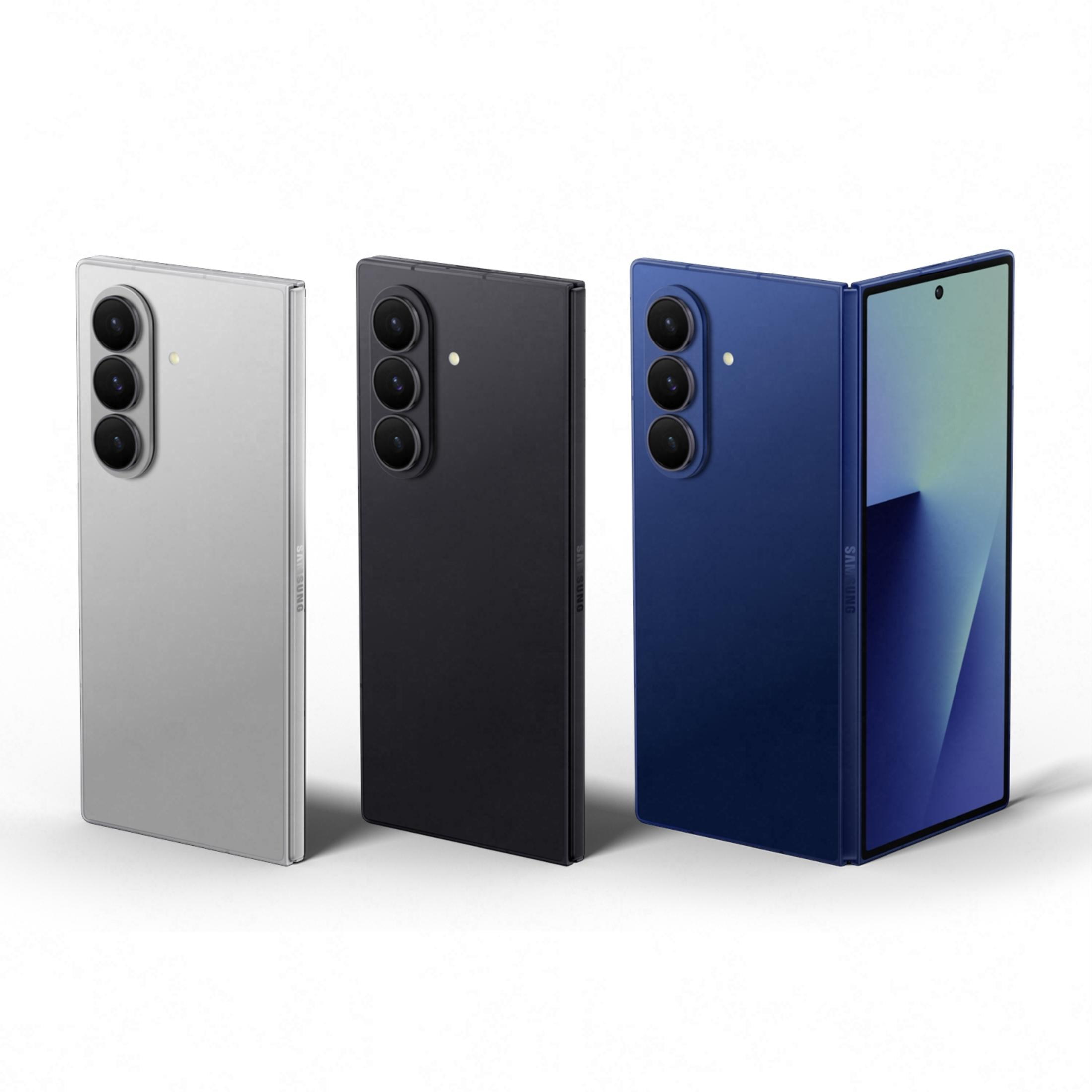 Trois smartphones : argenté, noir et bleu. Le bleu est déplié.
