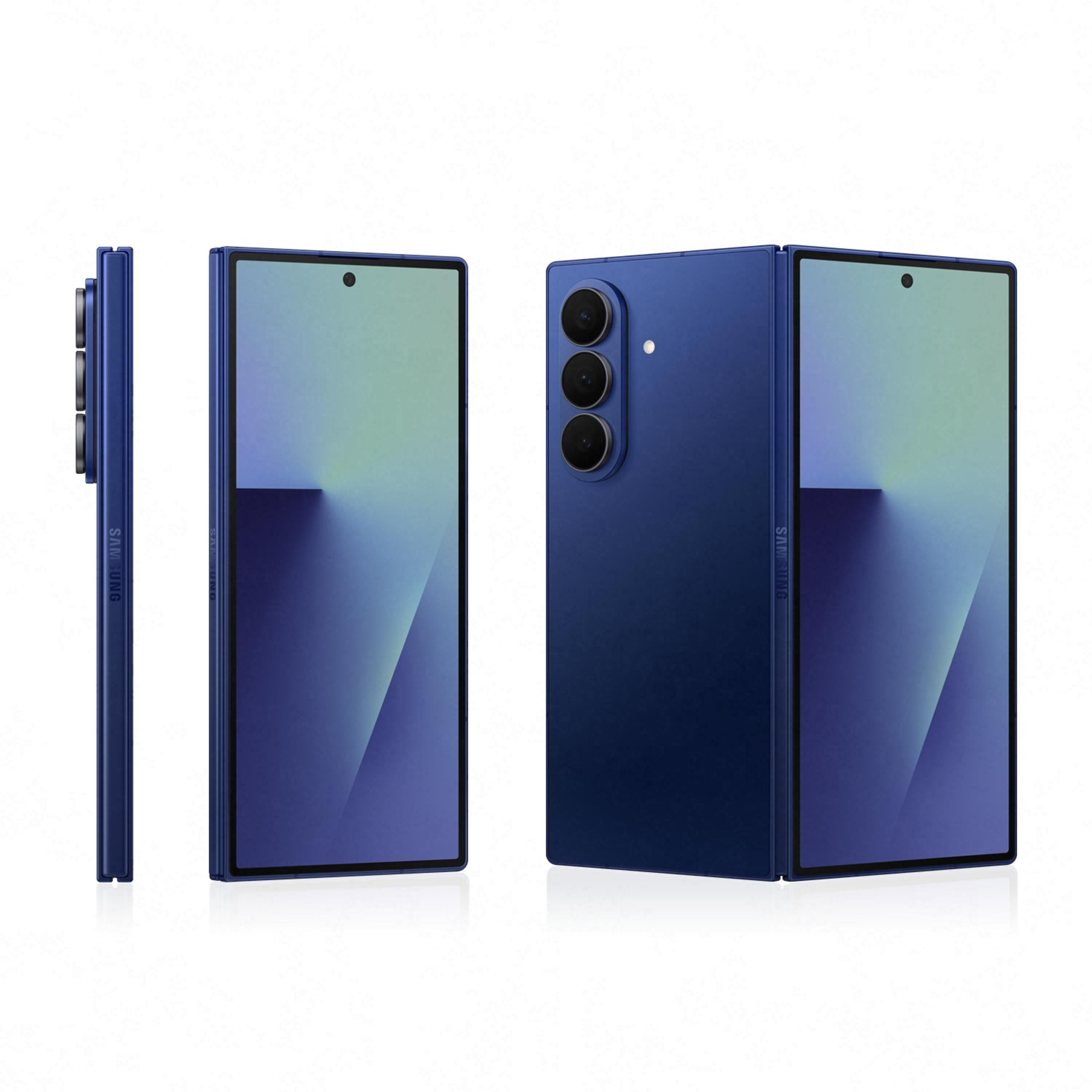 Un téléphone pliable bleu montré sous trois angles, avec appareils photo et logo Samsung.