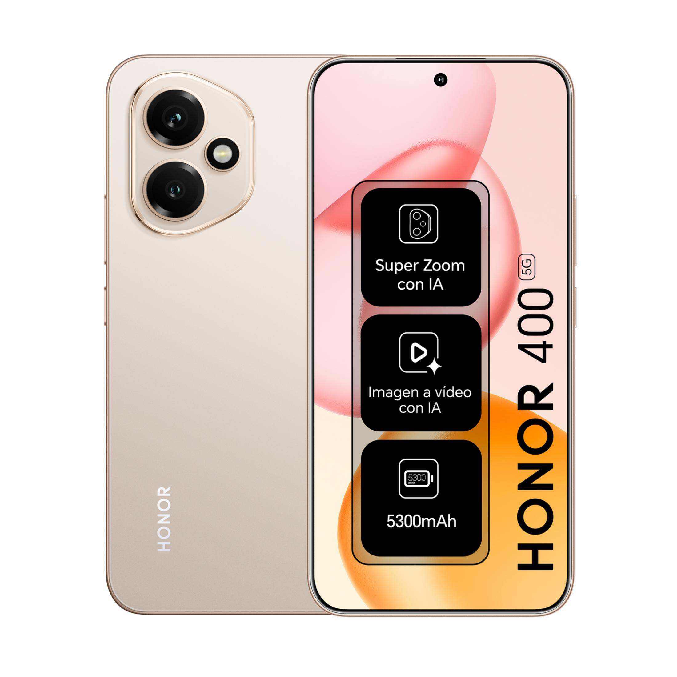 Uno smartphone Honor 400 5G dorato con tripla fotocamera e batteria da 5300mAh.