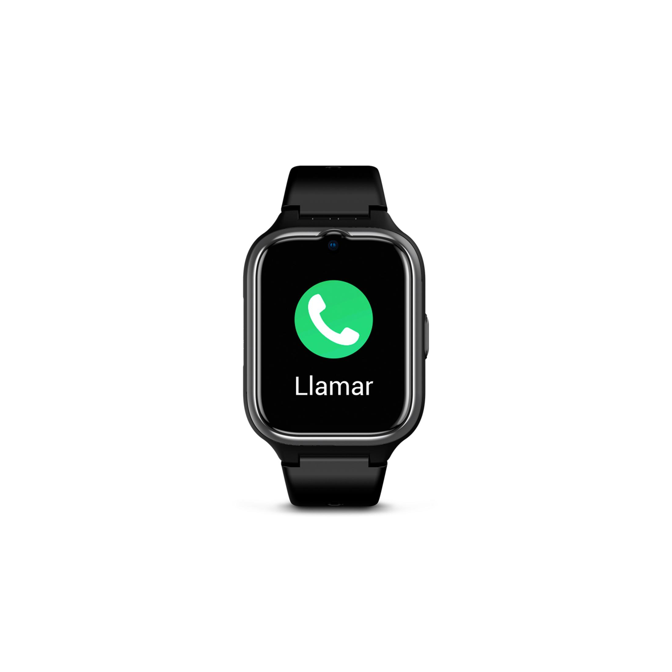 Eine schwarze Smartwatch zeigt ein grünes Telefonsymbol und das Wort „Llamar“.
