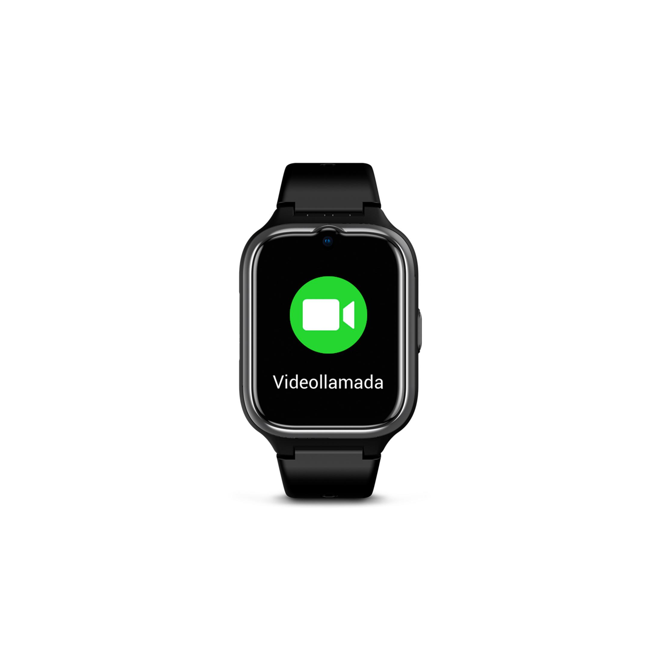 Eine schwarze Smartwatch mit einem grünen Videoanruf-Symbol und Text.