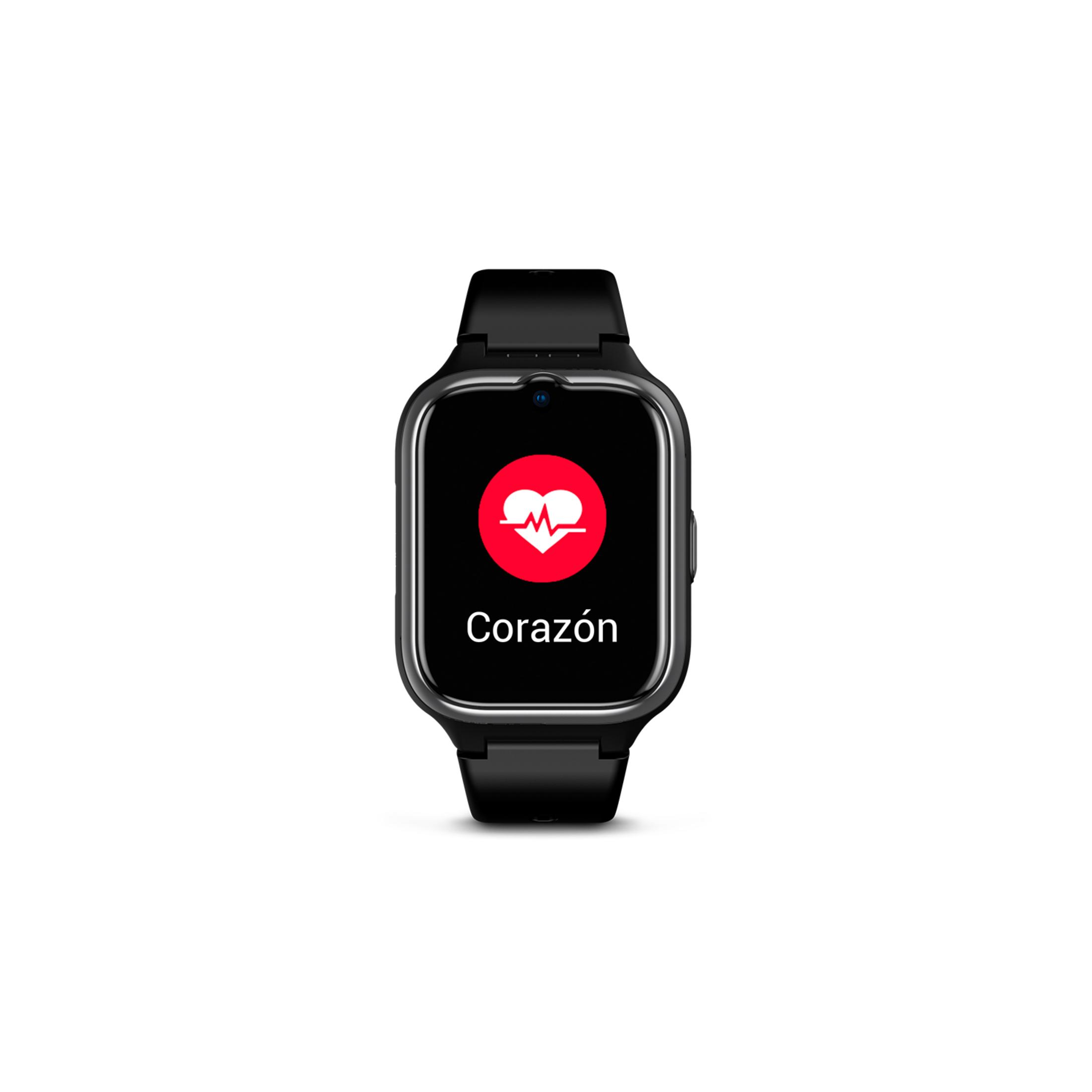 Schwarze Smartwatch mit Herzsymbol und "Corazón" auf dem Display.
