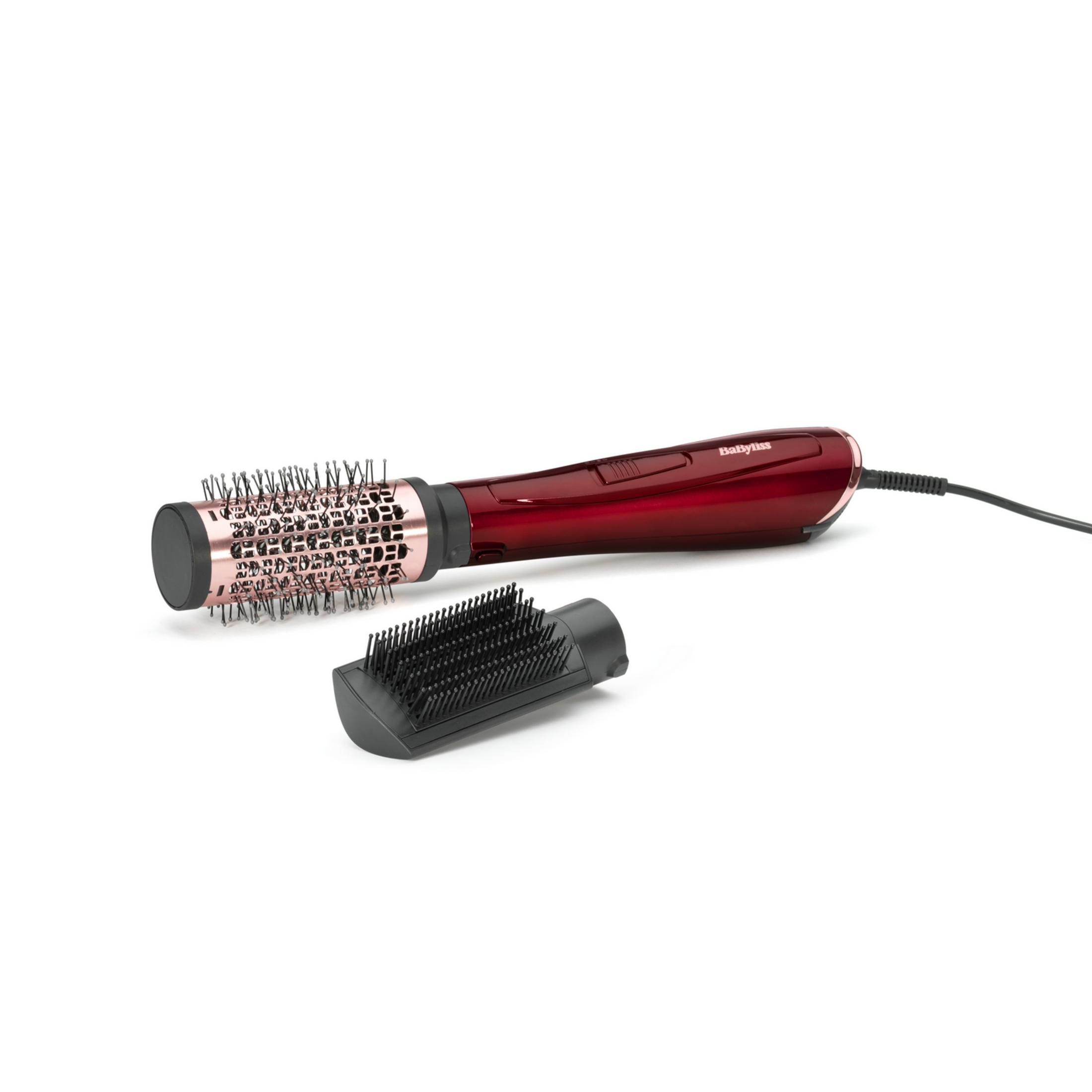Un secador de pelo Babyliss rojo con un accesorio y un cepillo aparte.