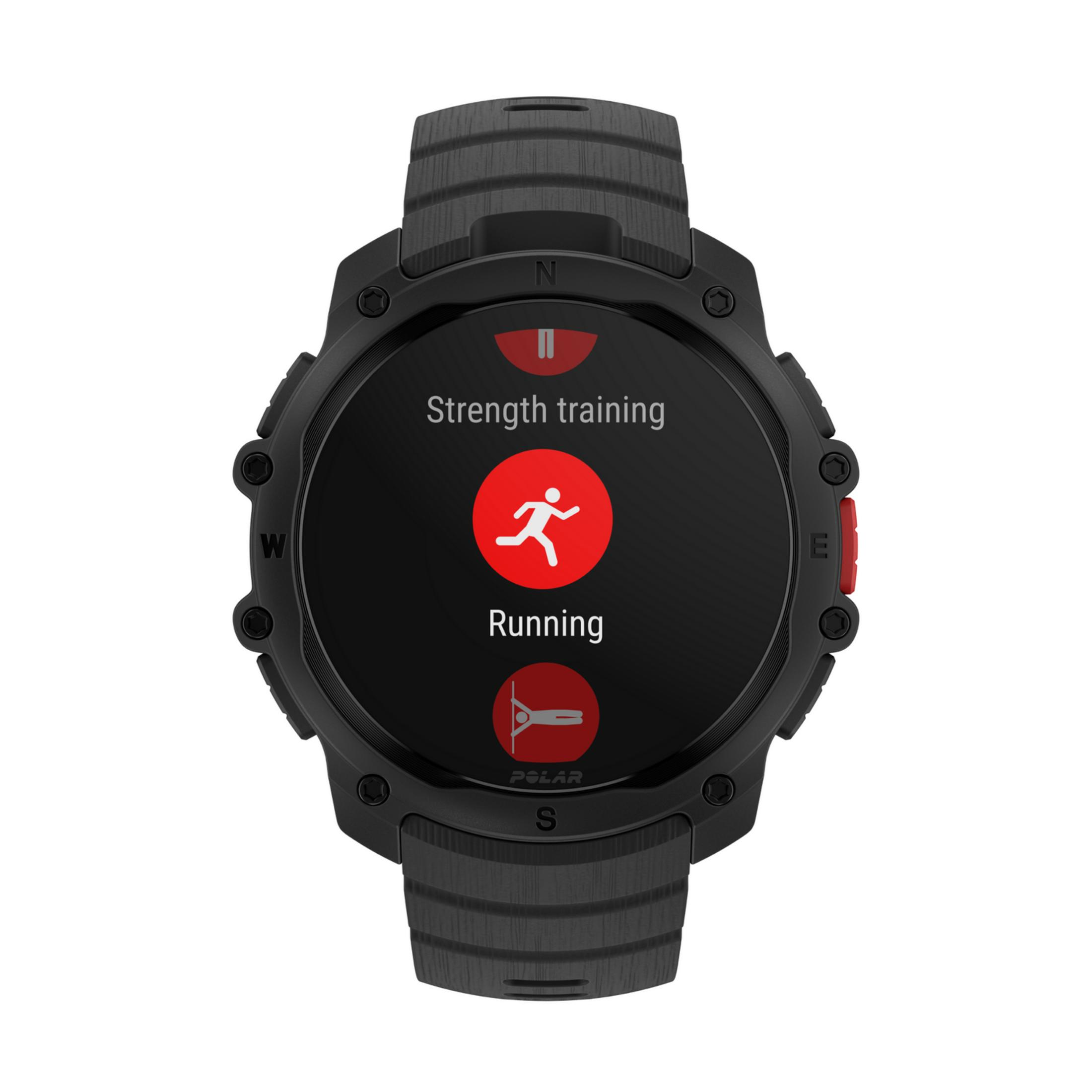 Smartwatch nero con icona corridore rosso e testo per allenamento forza e corsa.
