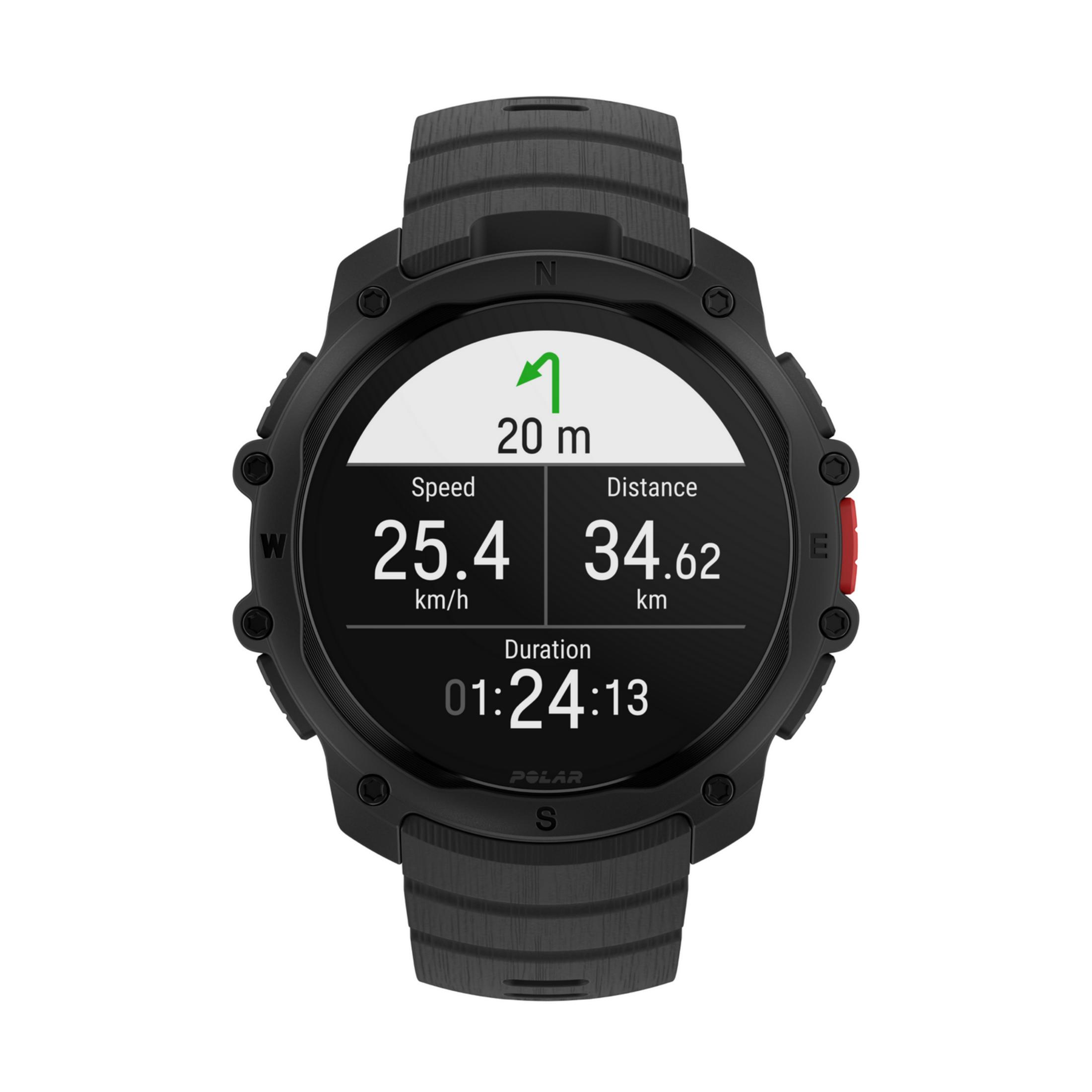 Orologio sportivo nero mostra velocità 25,4 km/h, distanza 34,62 km, durata 01:24:13.
