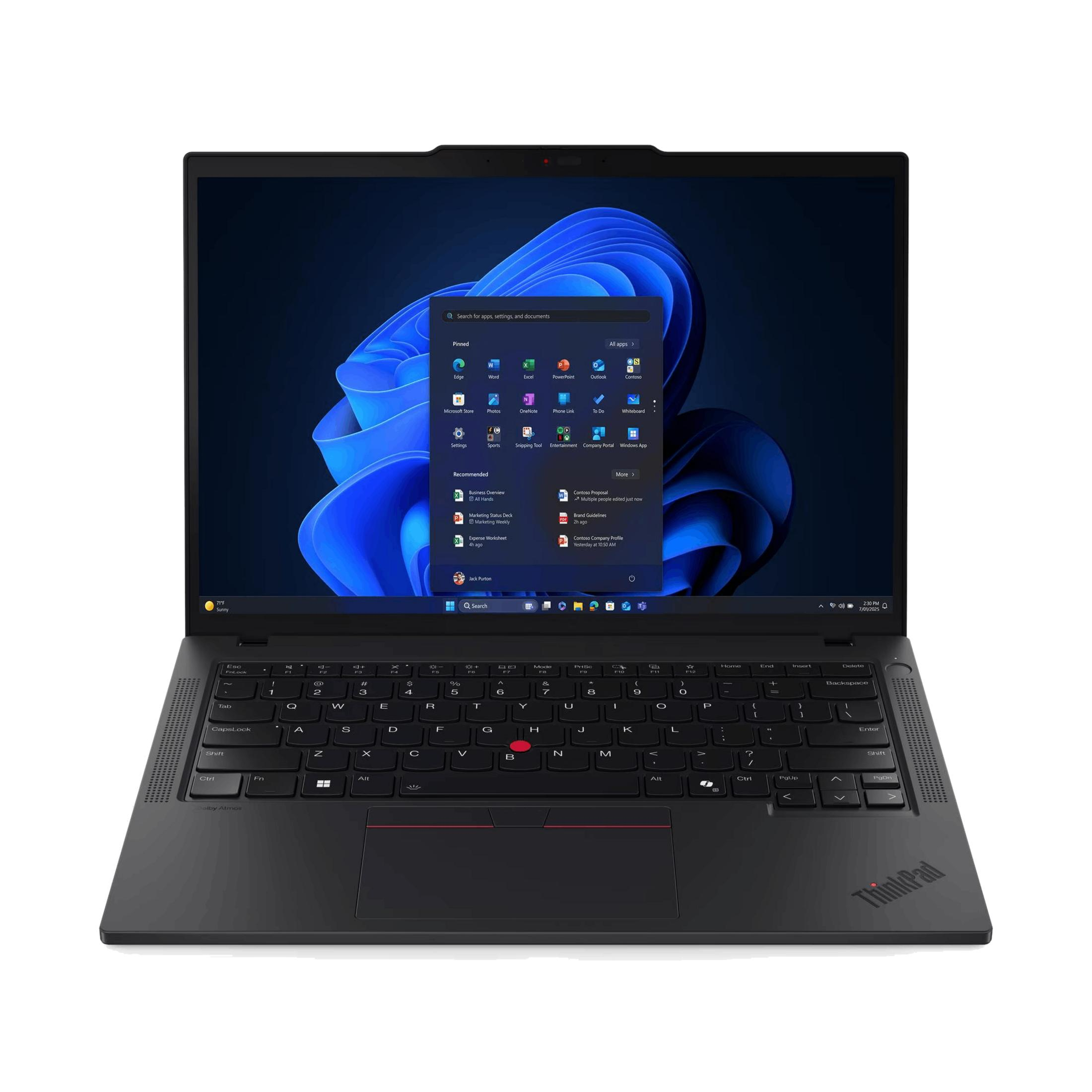 Un portátil negro abierto mostrando el menú Inicio de Windows 11 y teclado.