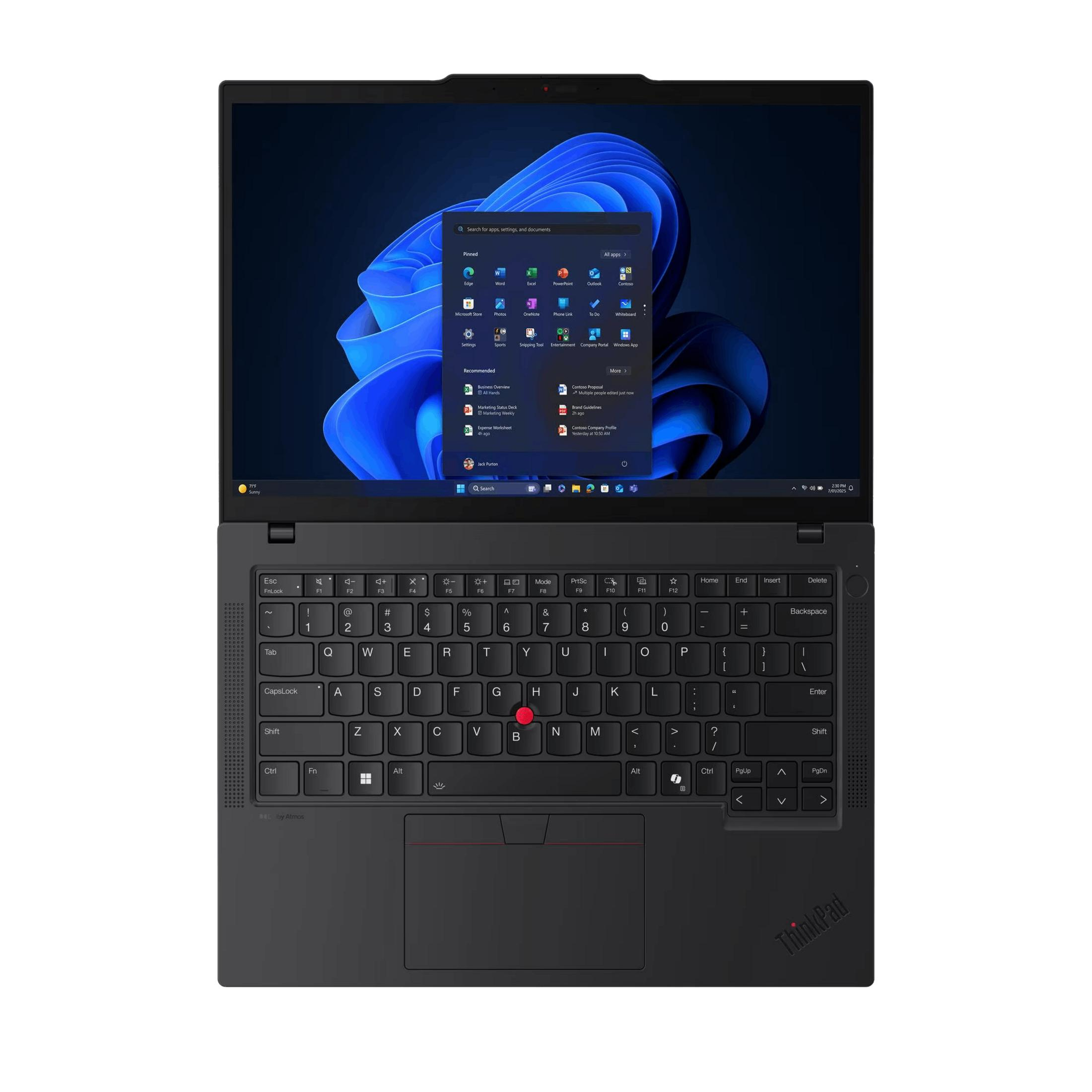 Un portátil negro con menú de inicio de Windows 11 abierto y fondo azul.