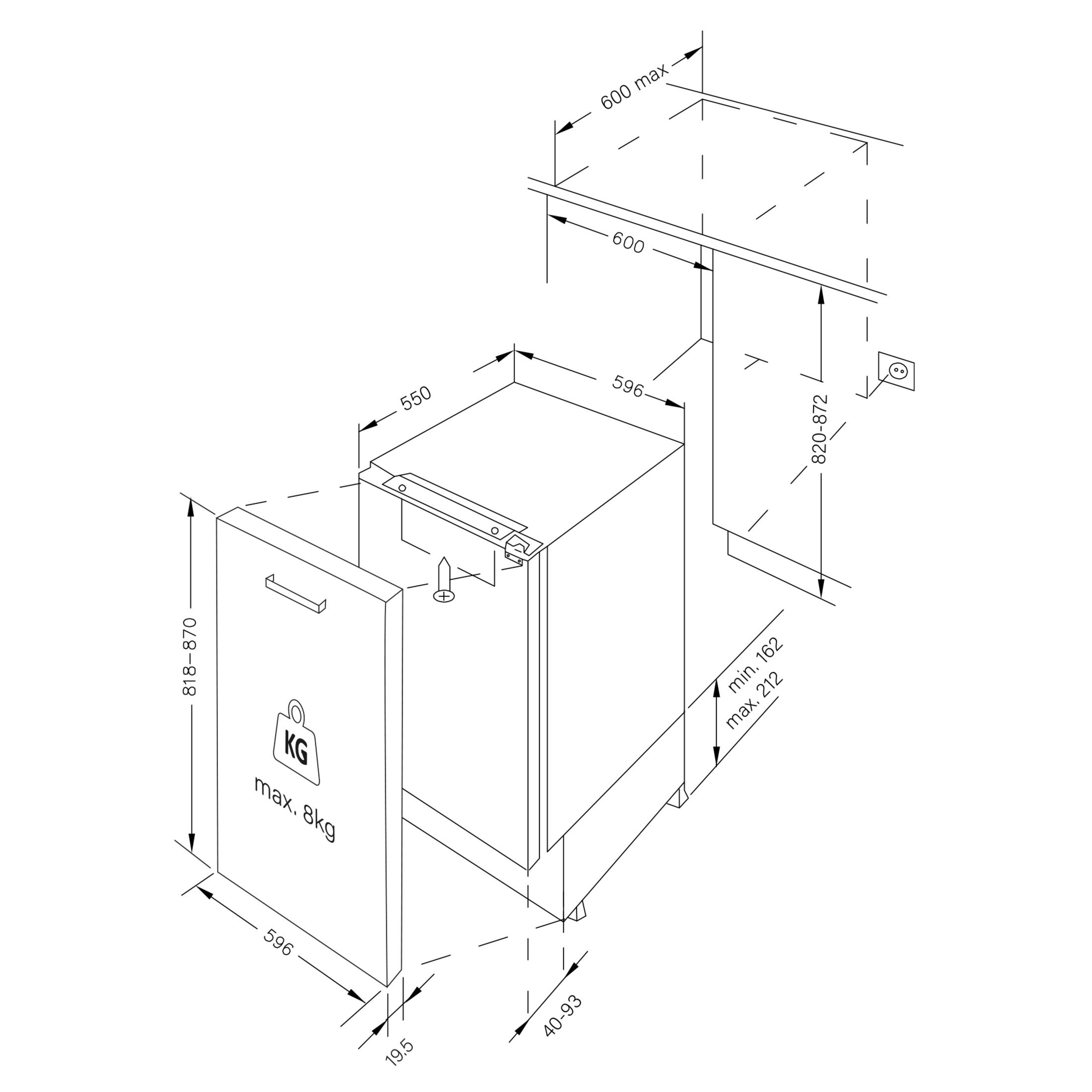 Dibujo técnico de un electrodoméstico con dimensiones y límites de peso.