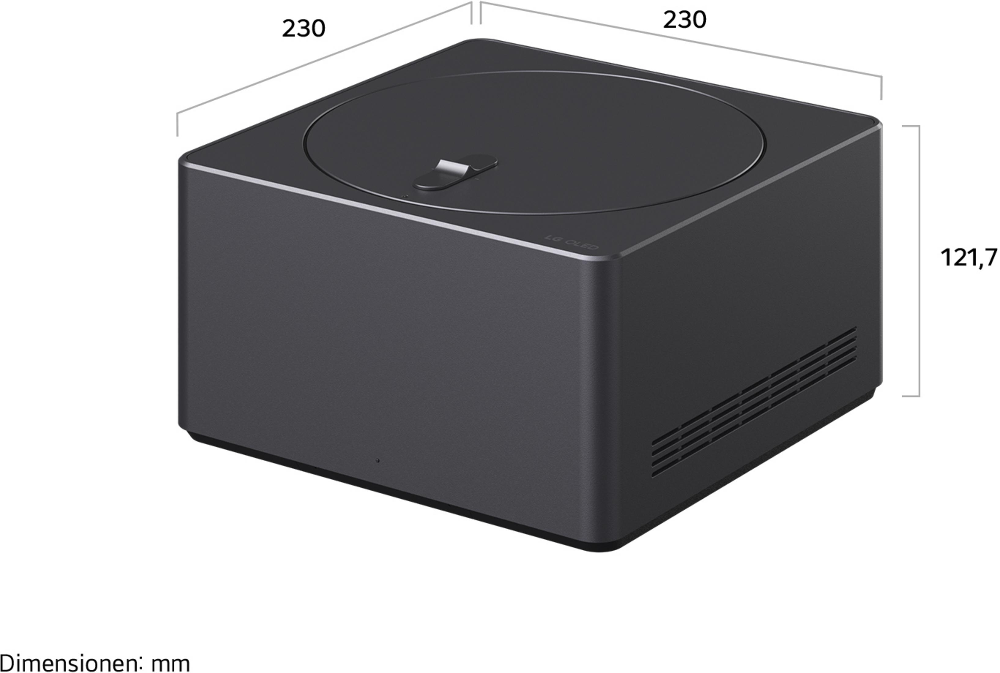 Una scatola LG OLED nera con dimensioni 230x230x121,7mm.