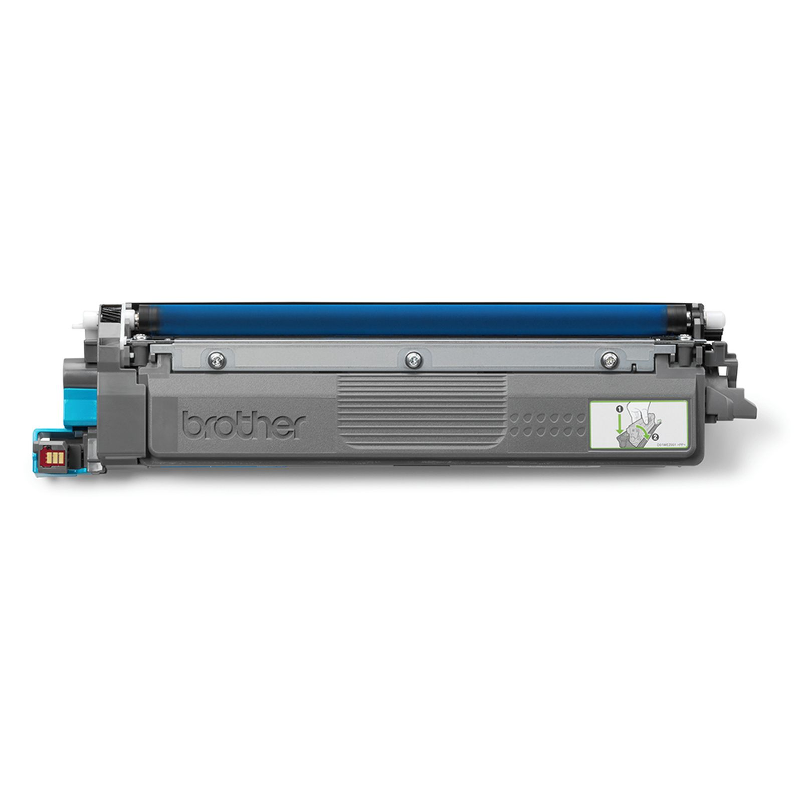 Cartuccia toner Brother grigia con unità tamburo blu e diagramma.