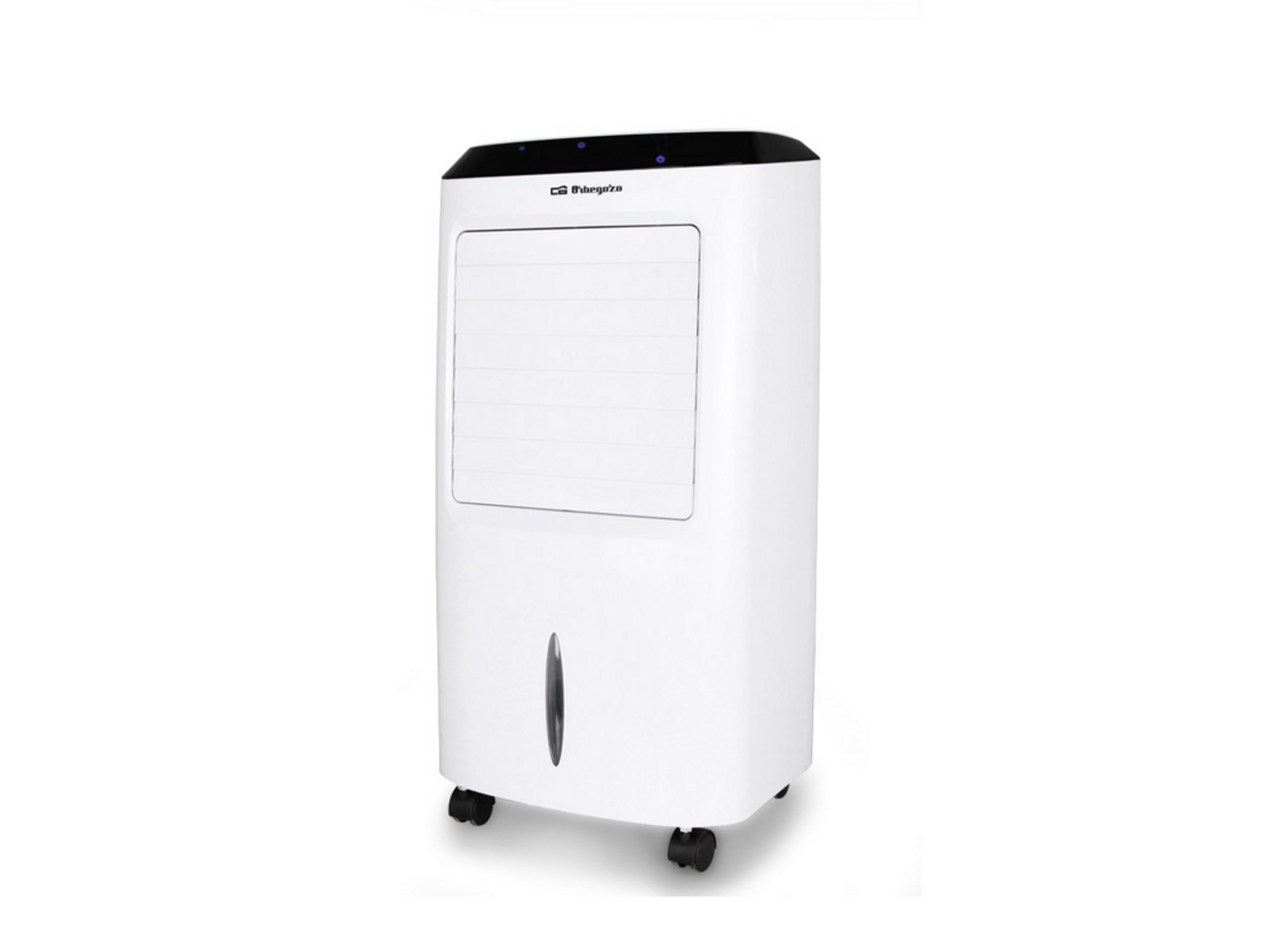 Un refrigeratore d'aria bianco con ruote e una sezione superiore scura.