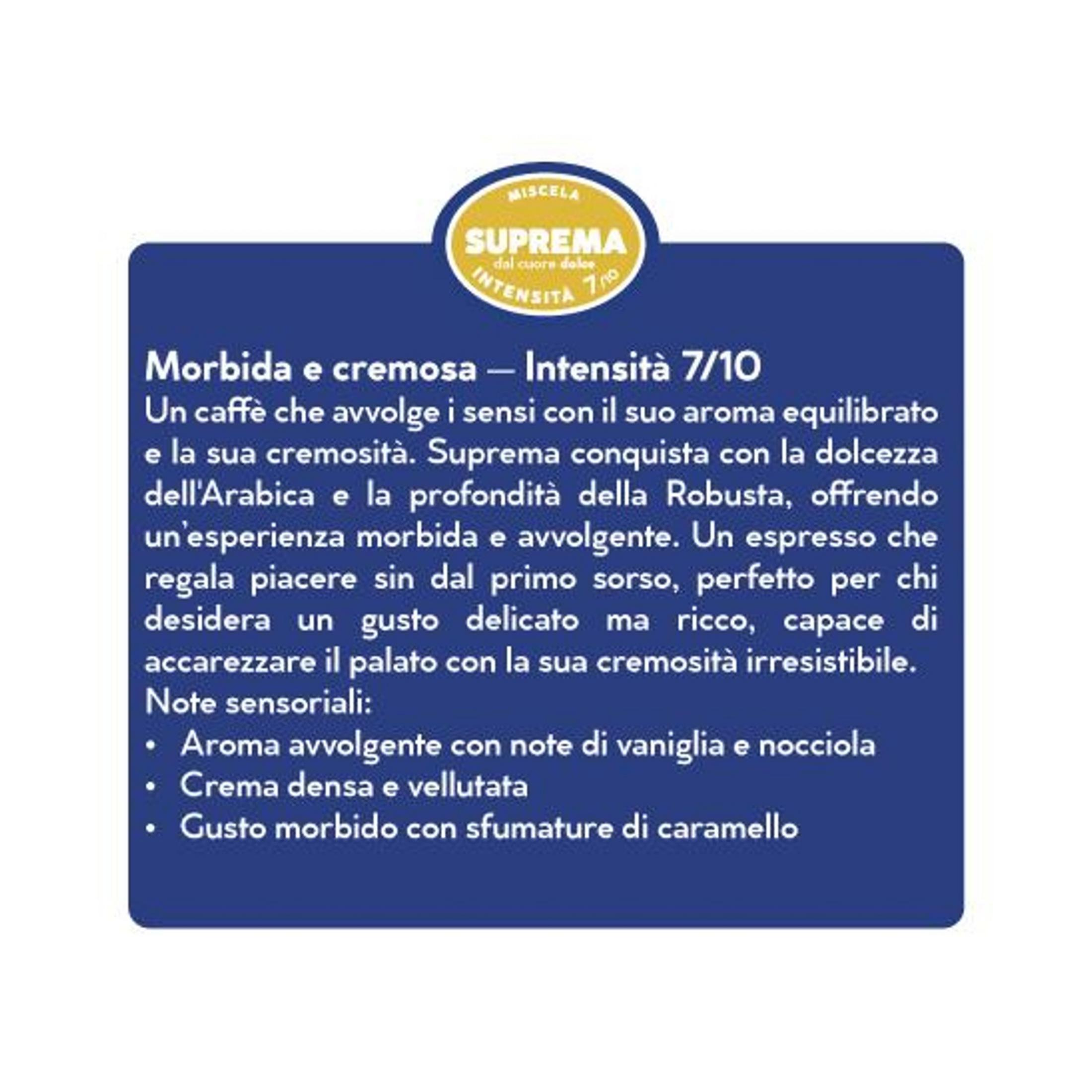 Confezione caffè con testo su aroma, cremosità e gusto.