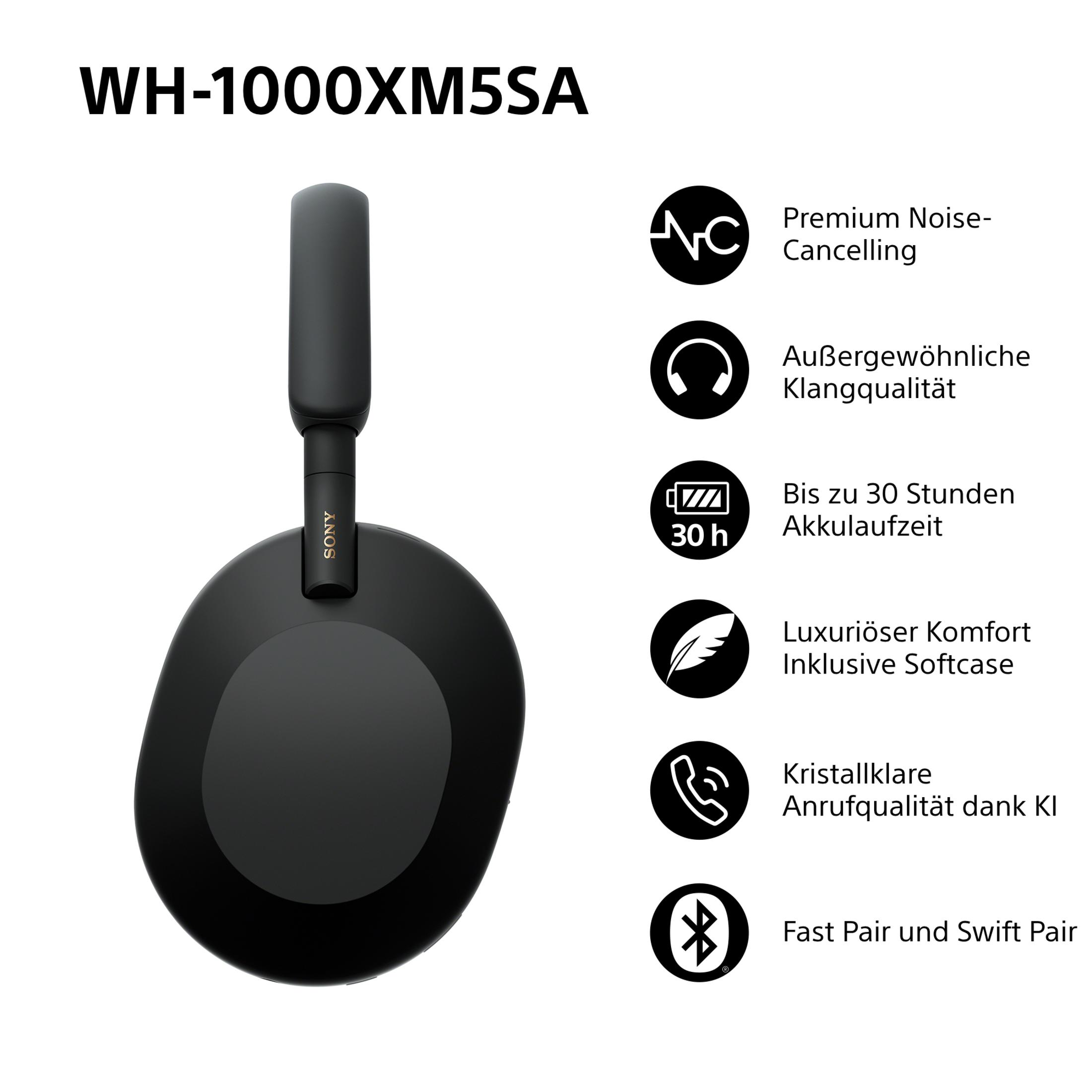 Casque Sony WH-1000XM5SA noir avec fonctions telles que réduction du bruit.