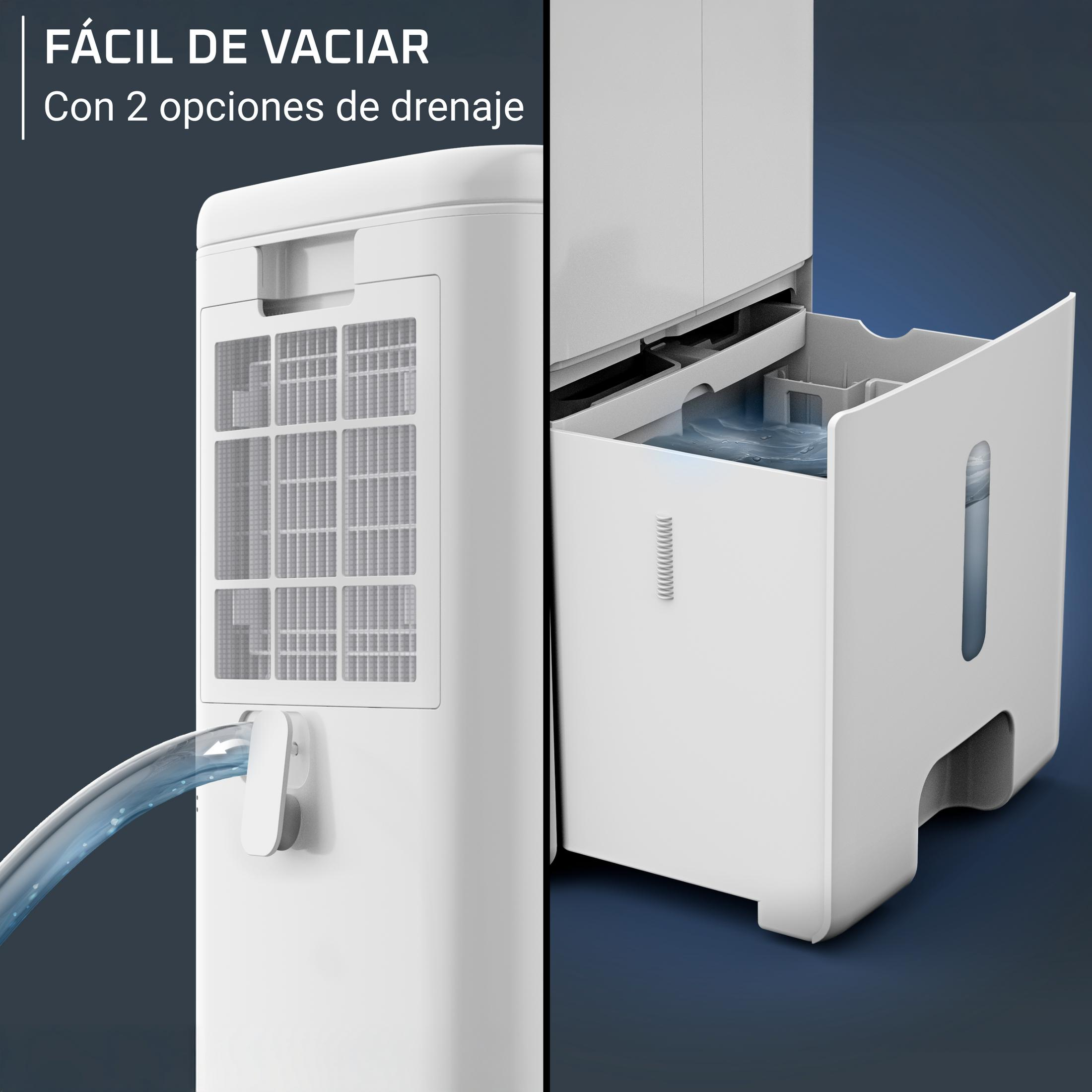 Un deumidificatore bianco con tubo che scarica acqua e serbatoio dell'acqua visibile.