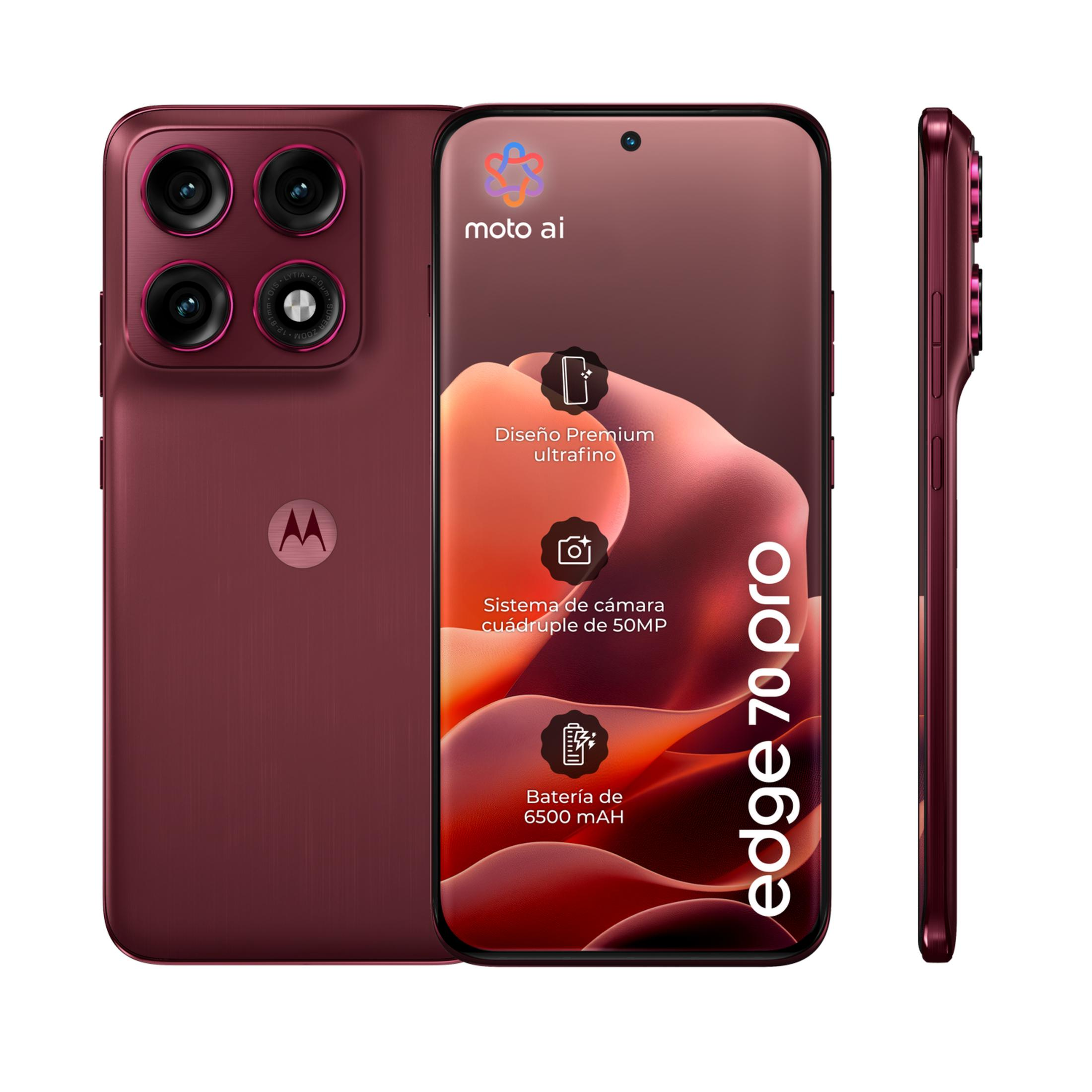 Tre viste dello smartphone Moto Edge 70 Pro rosso scuro, che mostrano retro, fronte e lato.