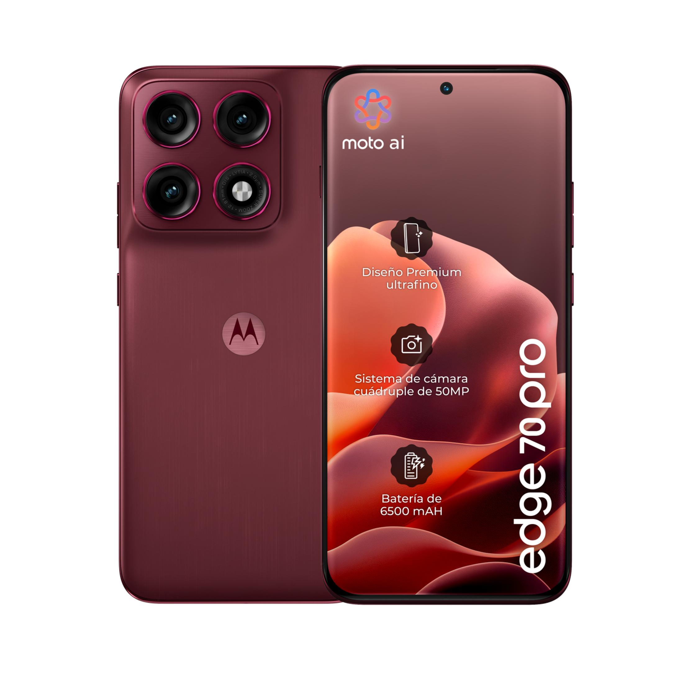 Smartphone Motorola rosso con 4 fotocamere e logo Moto AI sullo schermo.