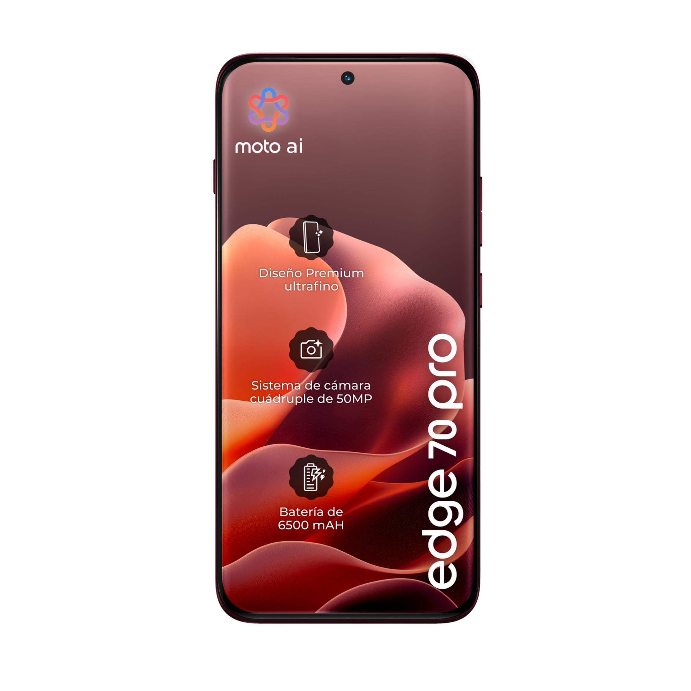 Uno smartphone rosso Moto Edge 70 Pro che mostra informazioni su design, fotocamera e batteria.