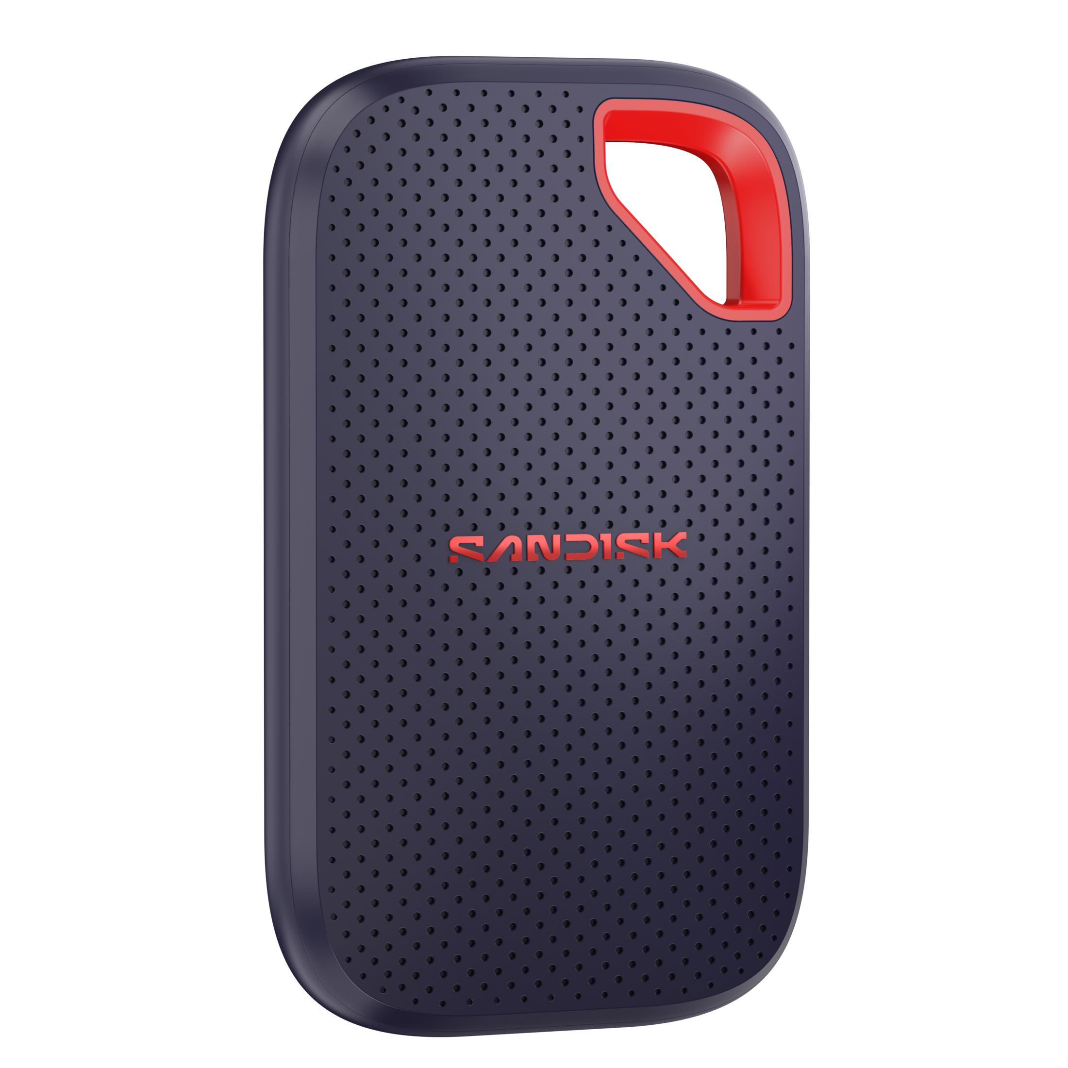 Kırmızı vurgulara ve Sandisk logosuna sahip lacivert harici sürücü.
