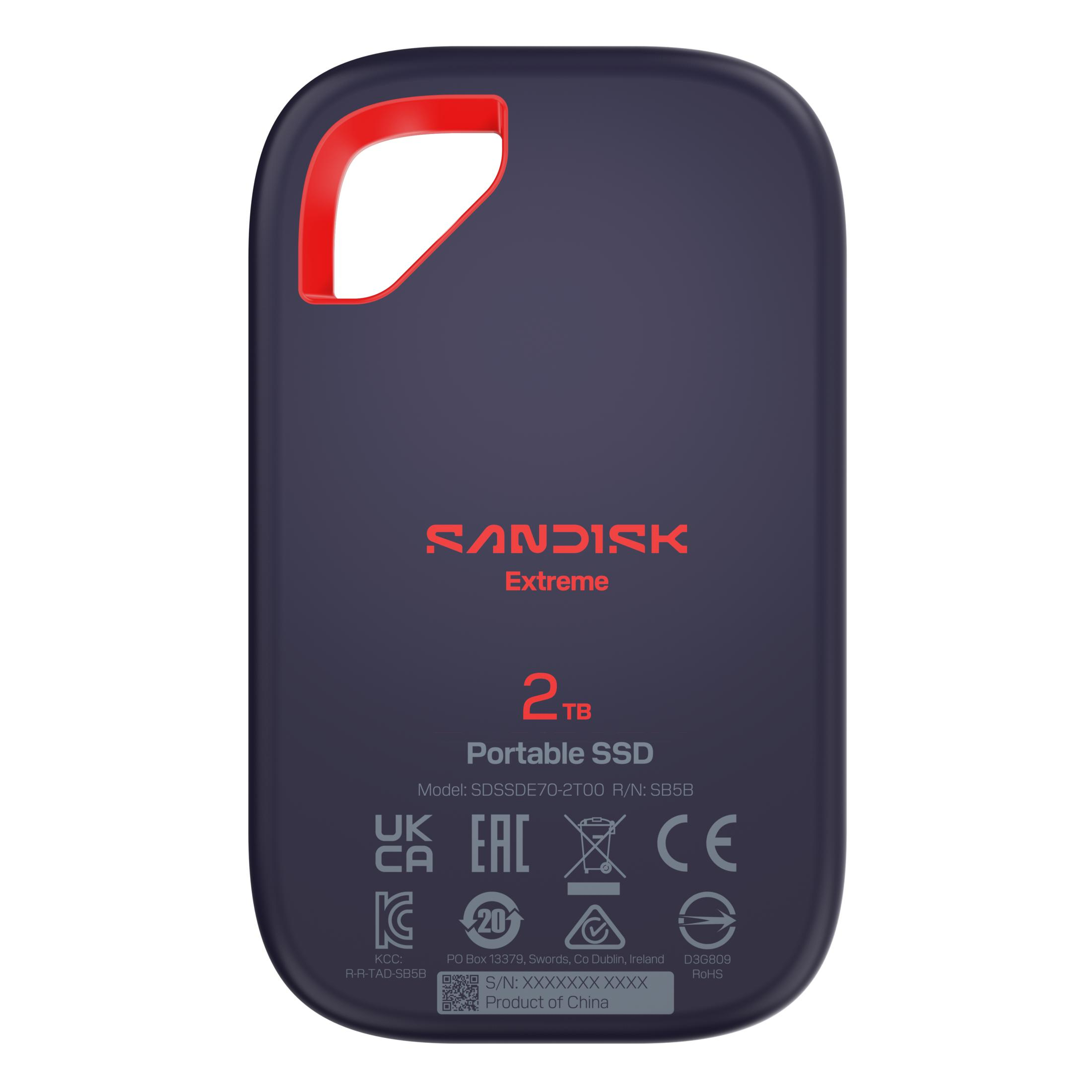 Kırmızı halkalı lacivert SanDisk Extreme 2TB taşınabilir SSD. Sertifikalar içerir.