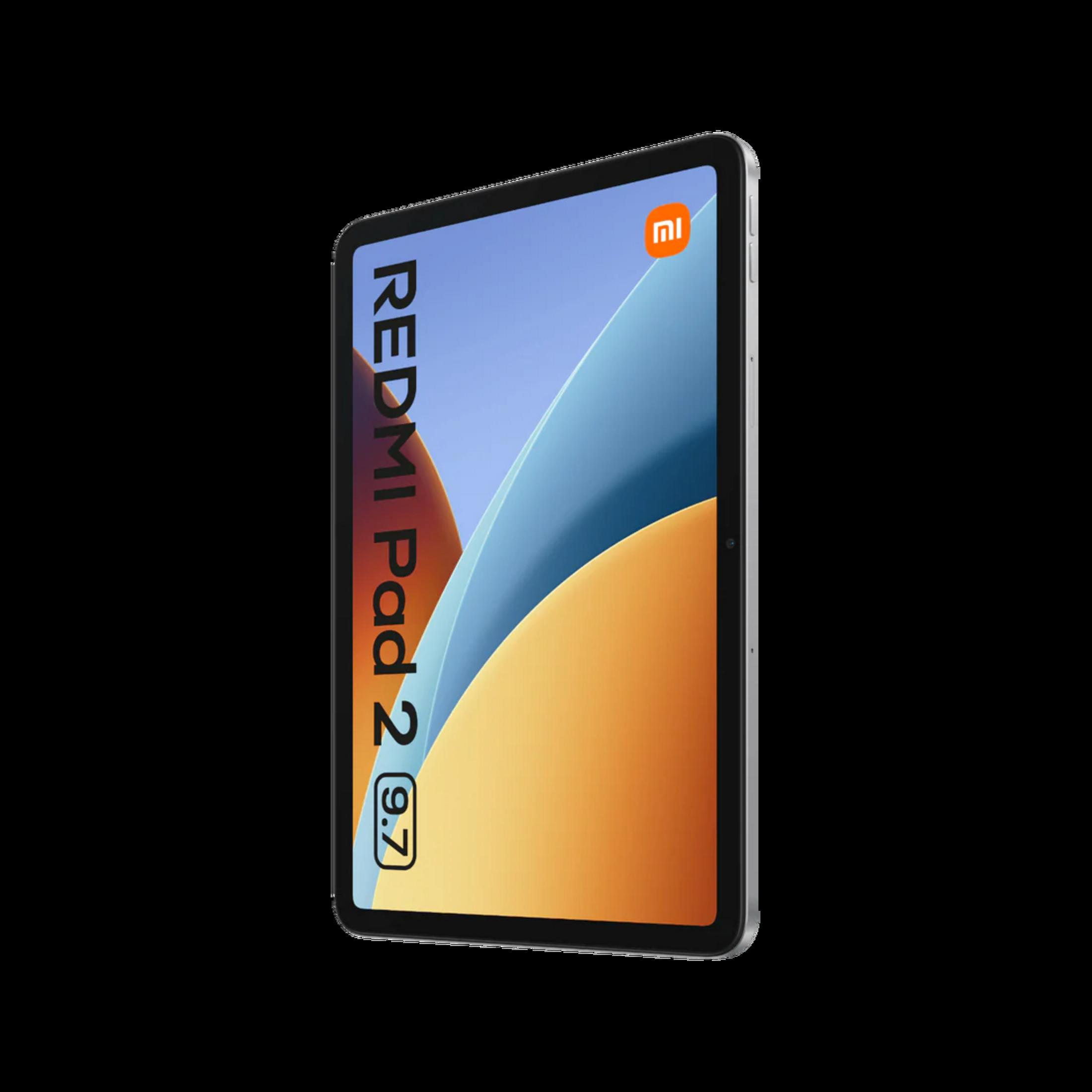 Un tablet argentato con "REDMI Pad 2" e "9.7" visualizzati sullo schermo.