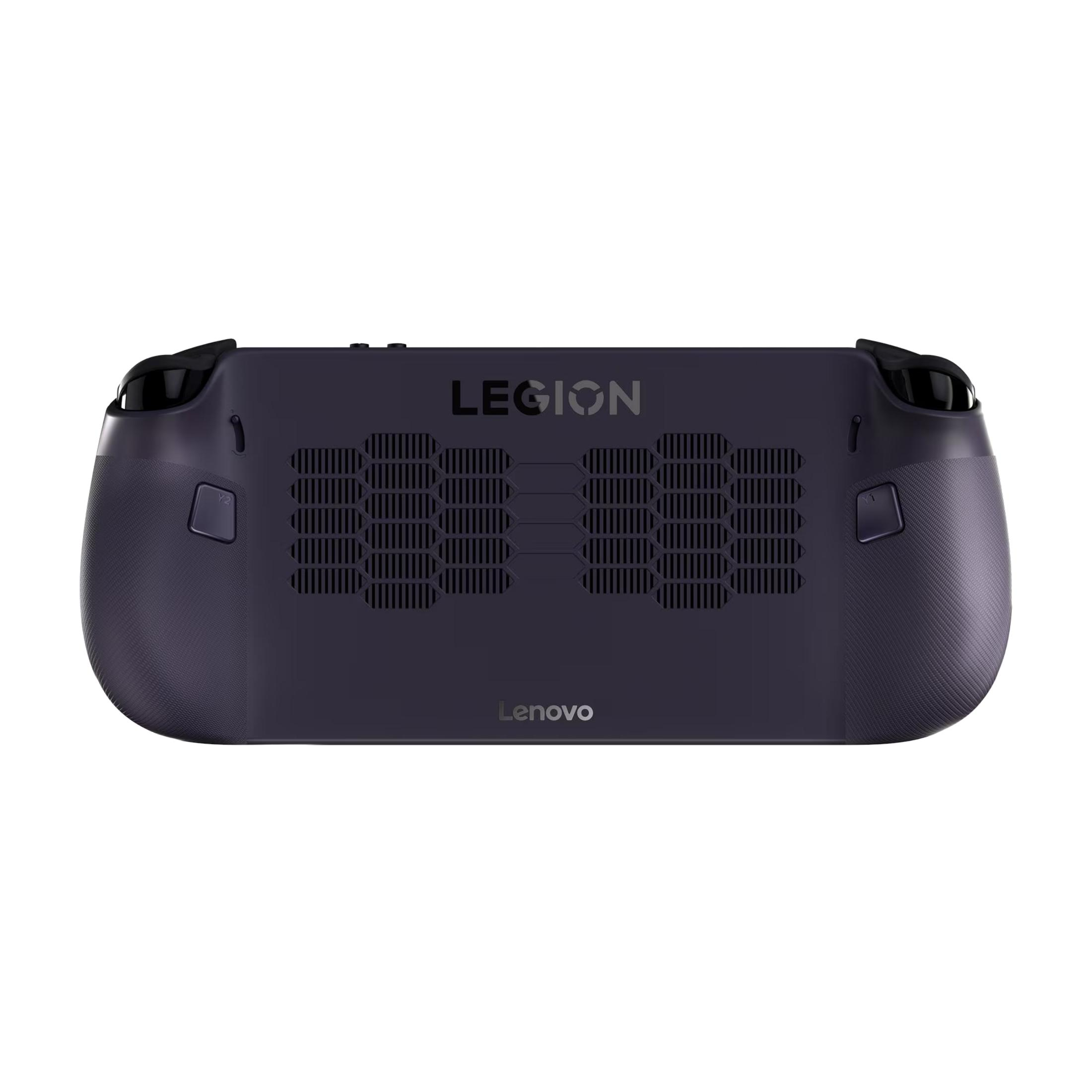Dispositivo portátil de juegos púrpura oscuro con logo Legion y Lenovo.