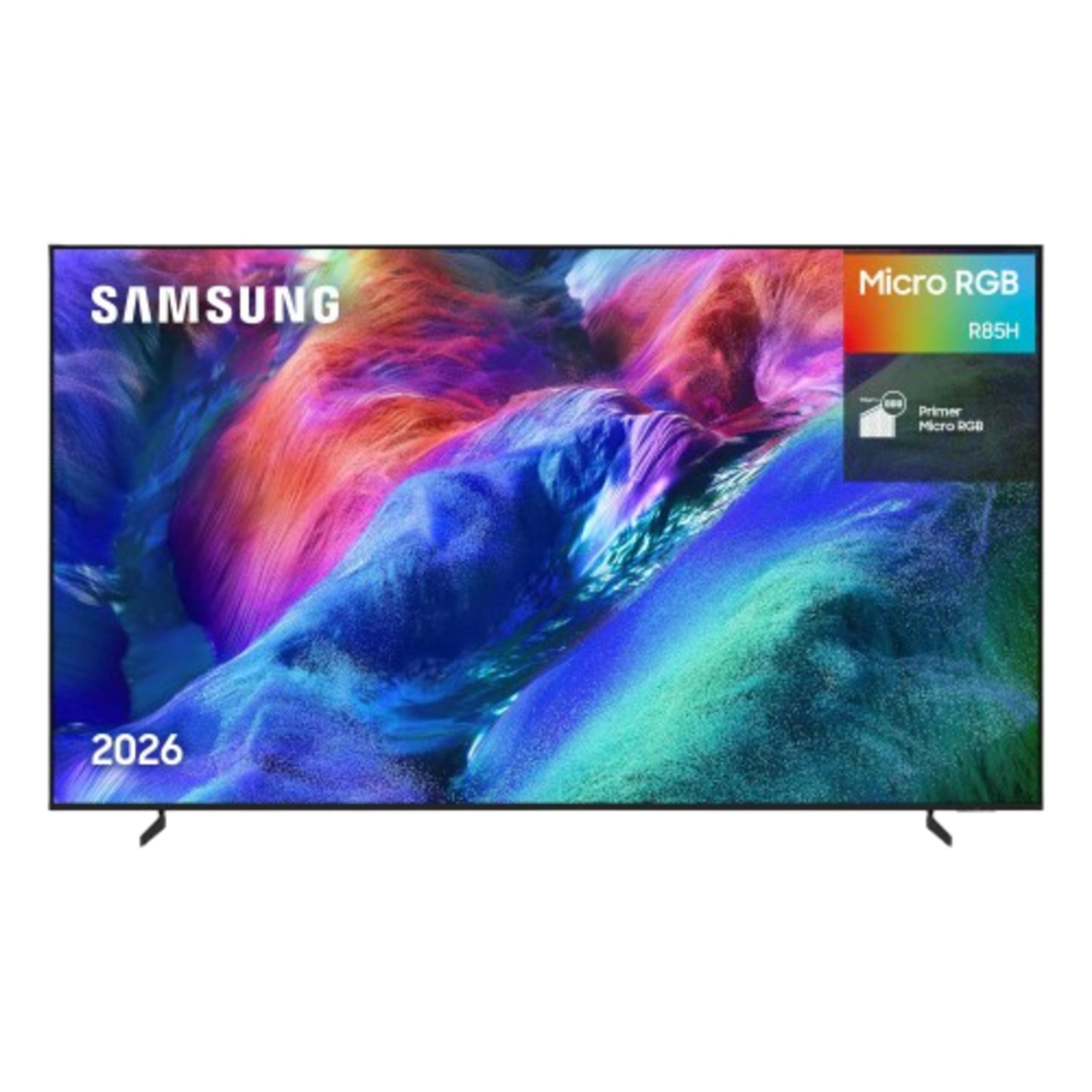 TV Samsung con arte abstracto vibrante y logo "Micro RGB R85H".
