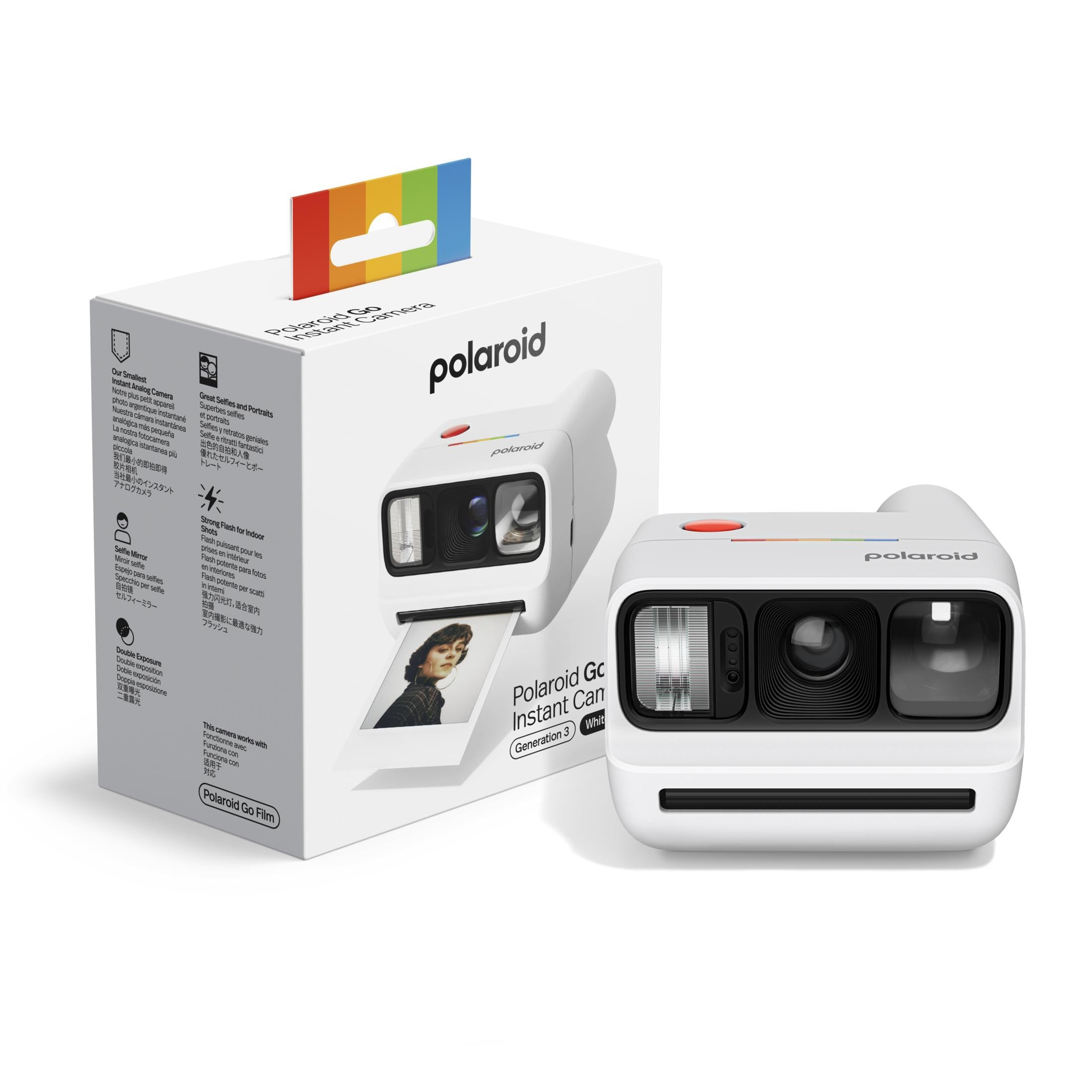 Polaroid Go Sofortbildkamera im Karton mit einem Foto, das ausgedruckt wird.