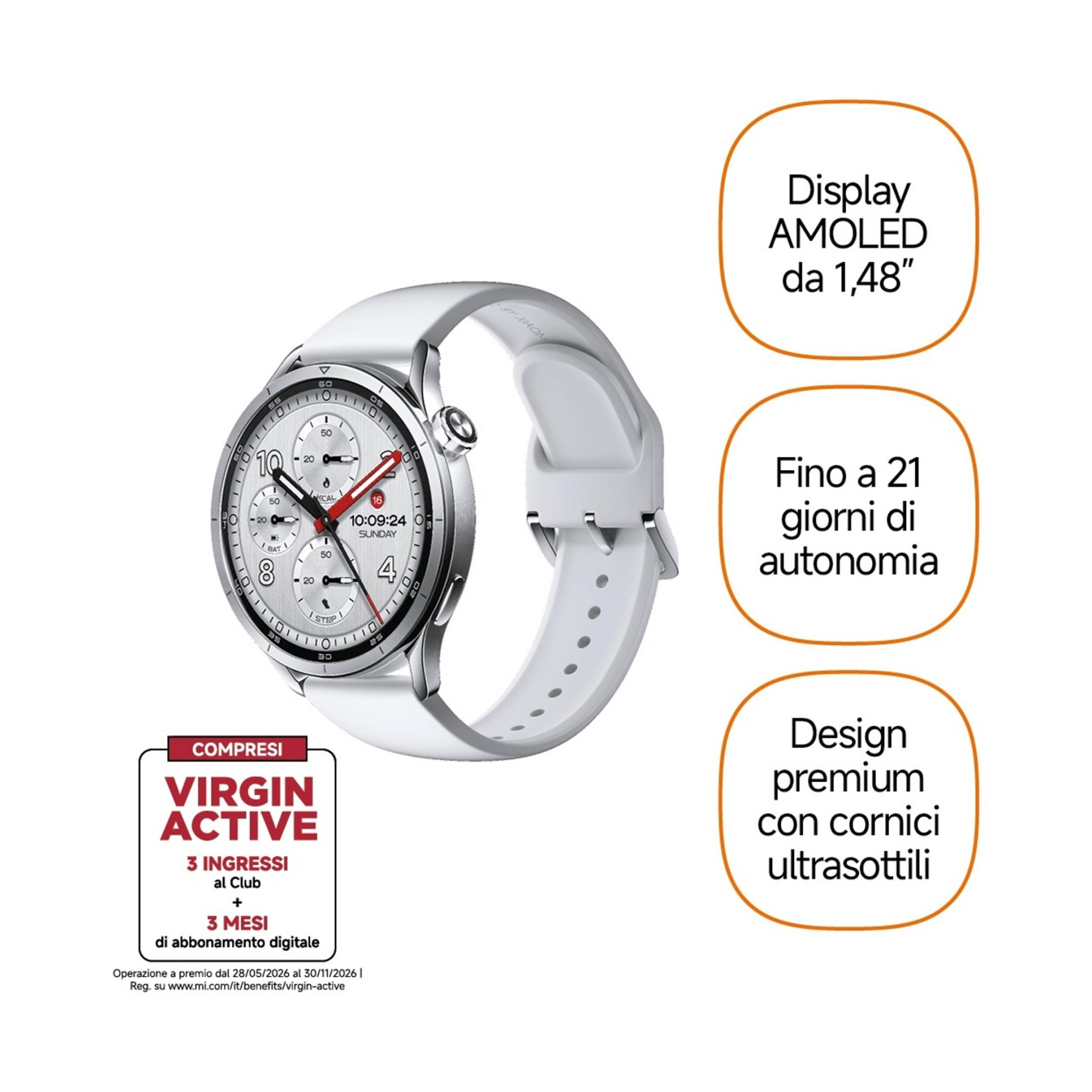 Weiße Smartwatch mit silbernem Zifferblatt und weißem Armband.
