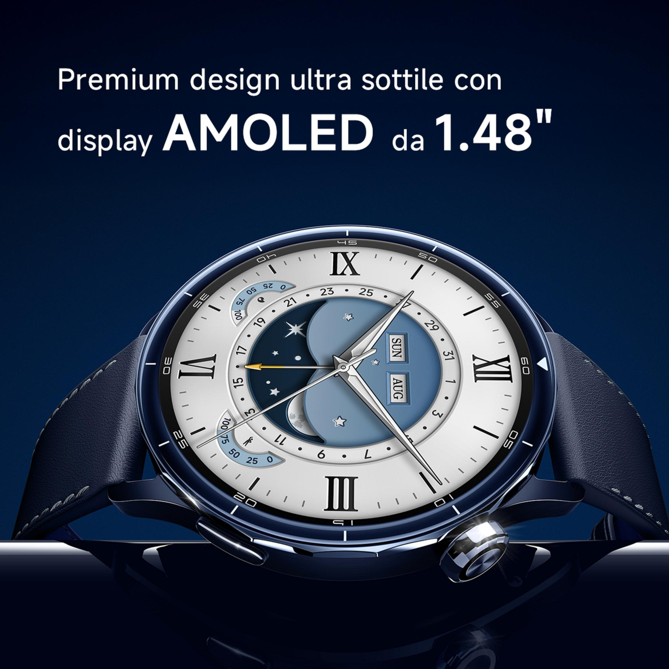 Une montre connectée bleu foncé élégante avec écran AMOLED et phase lunaire.