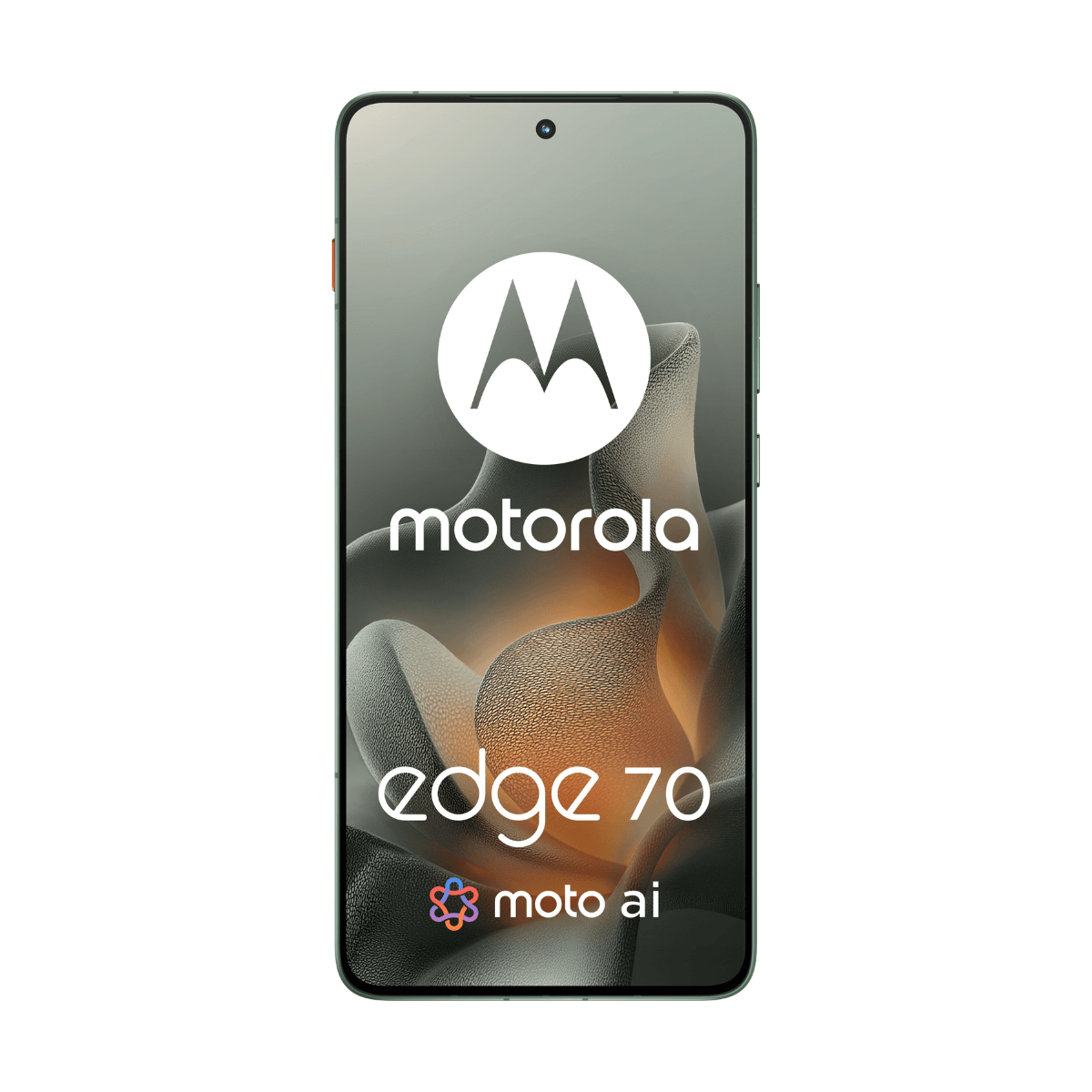 Motorola Edge 70 Smartphone mit Moto AI Logo auf dem Bildschirm.