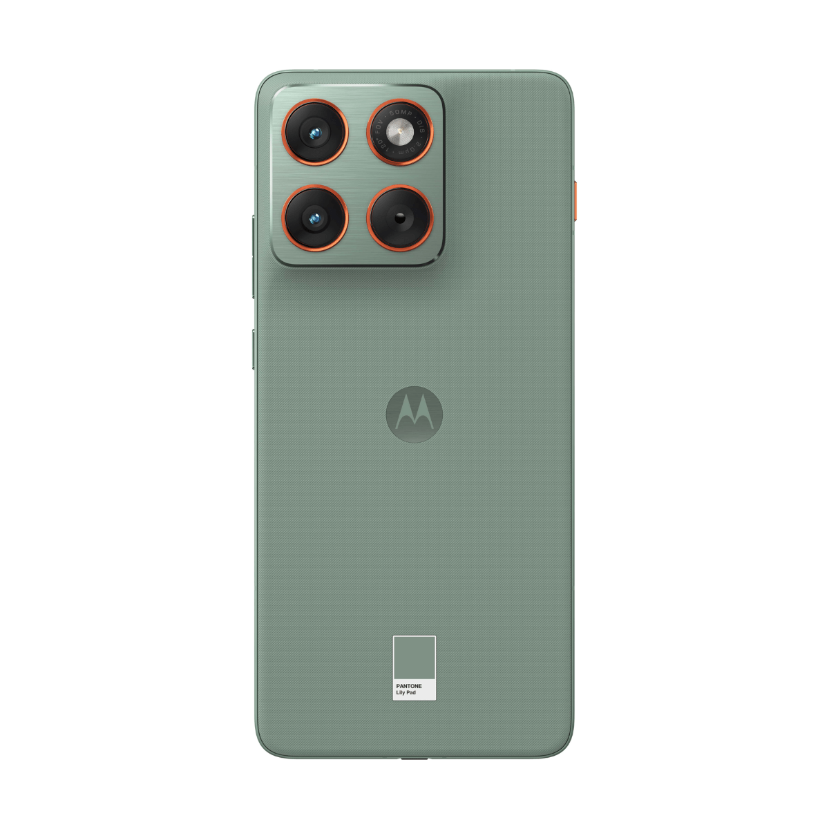 Rückseite eines grünen Motorola-Smartphones mit vier Kameras und dem Pantone-Farbcode.