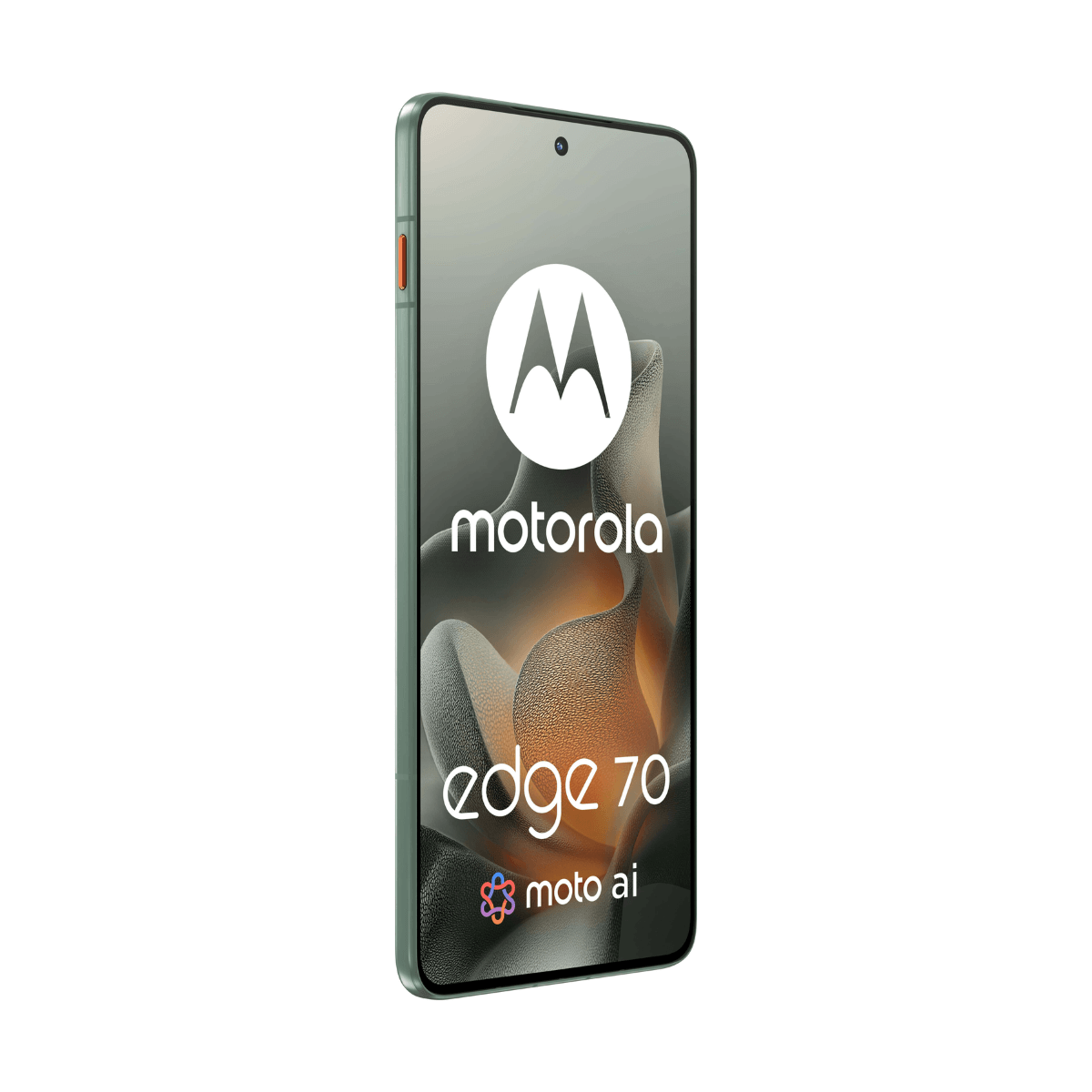 Ein grünes Motorola Edge 70 Smartphone mit dem Motorola Logo und Moto AI.