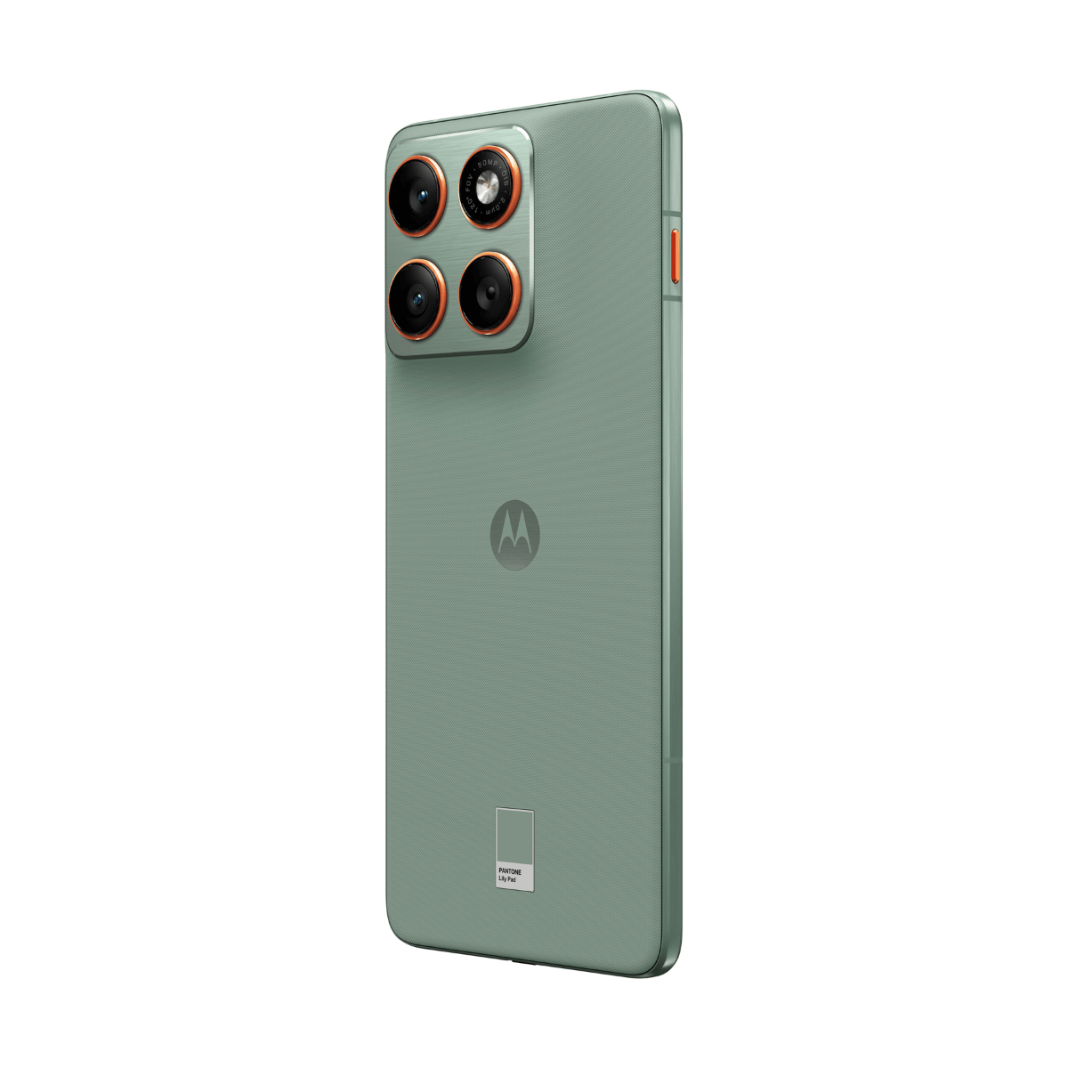 Rückseite eines hellgrünen Smartphones mit vier Kameras und Motorola-Logo.