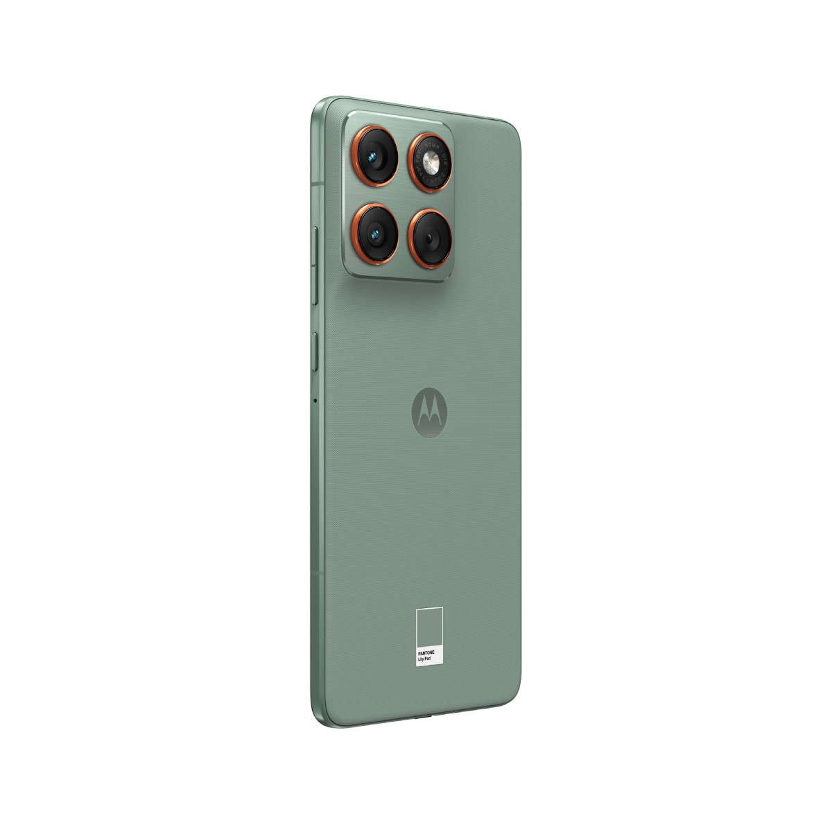 Rückseite eines grünen Smartphones mit vier Kameras und einem Motorola-Logo.