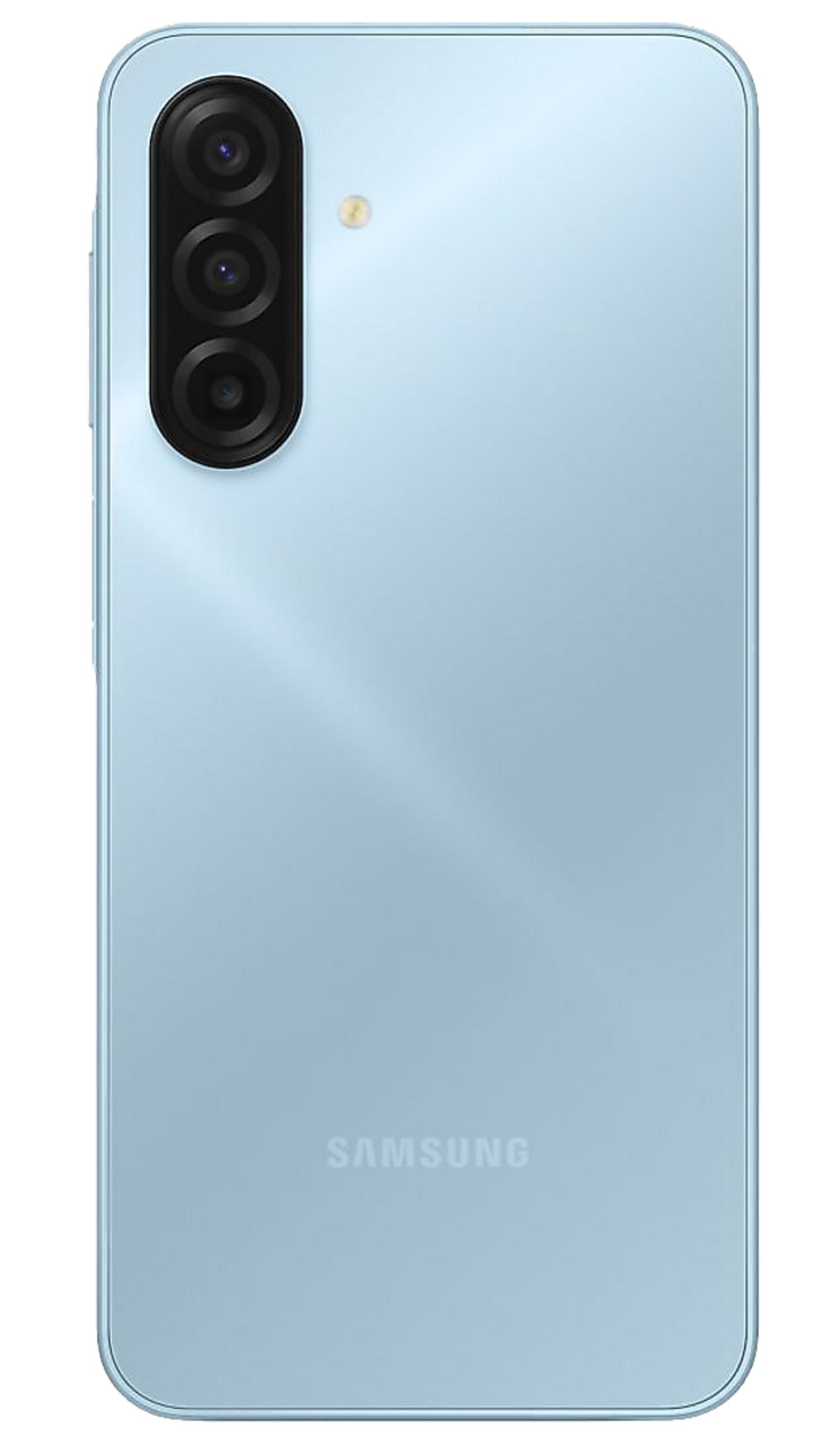 Smartphone Samsung azul claro con módulo de cámara vertical y flash.