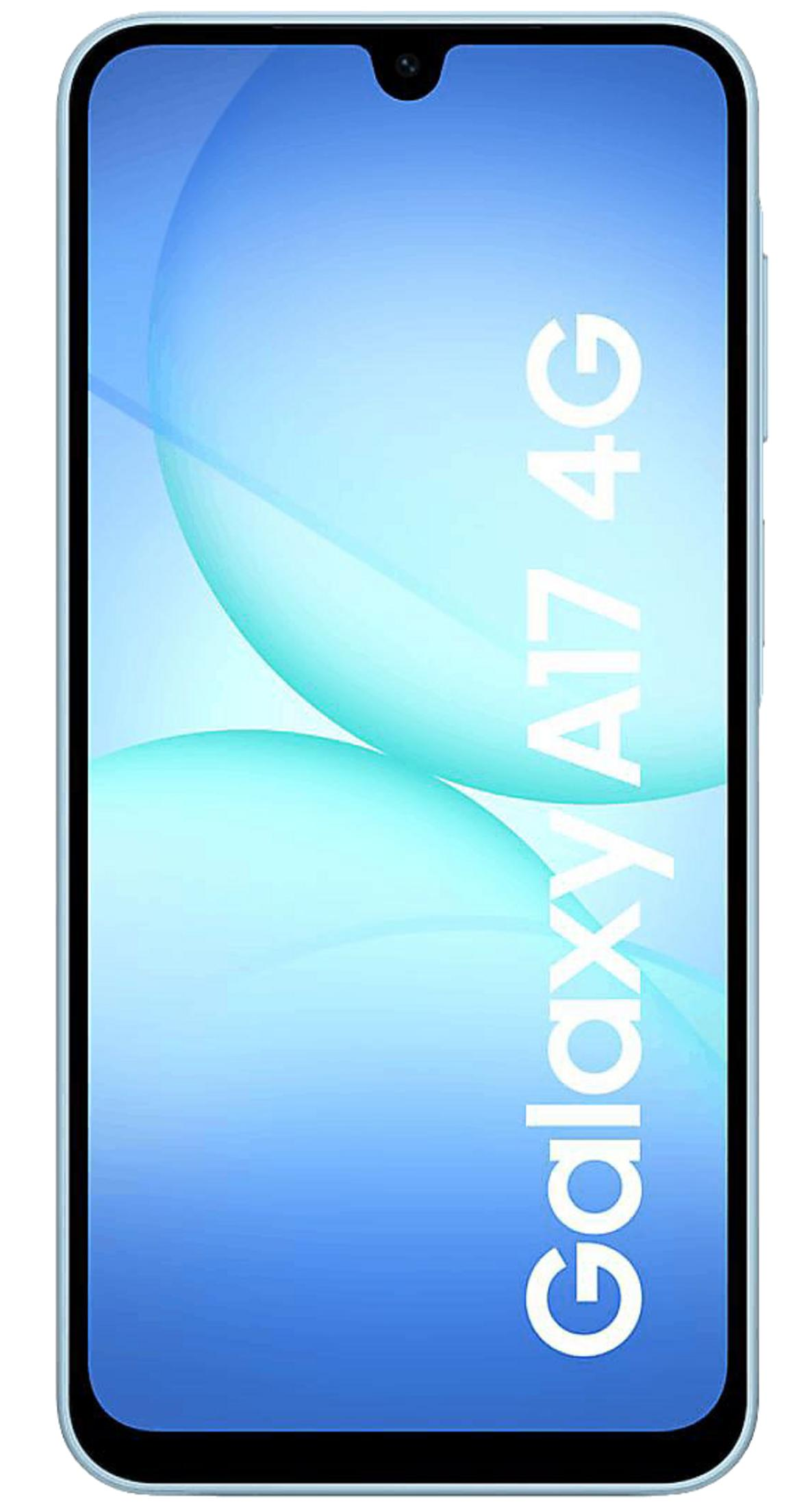 Un smartphone azul claro que muestra "Galaxy A17 4G" en su pantalla.
