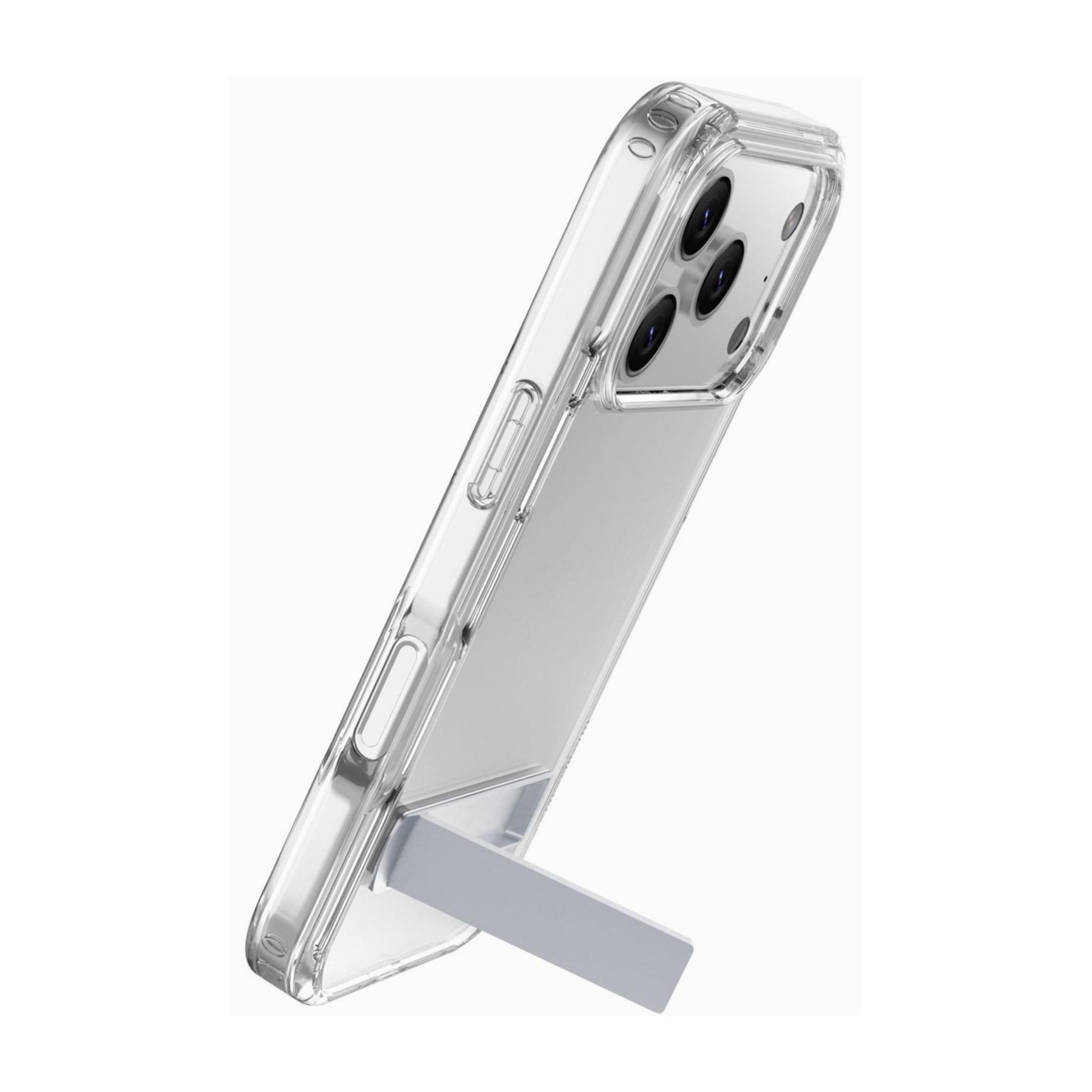Coque transparente avec support argenté pour smartphone, montrant trois caméras.