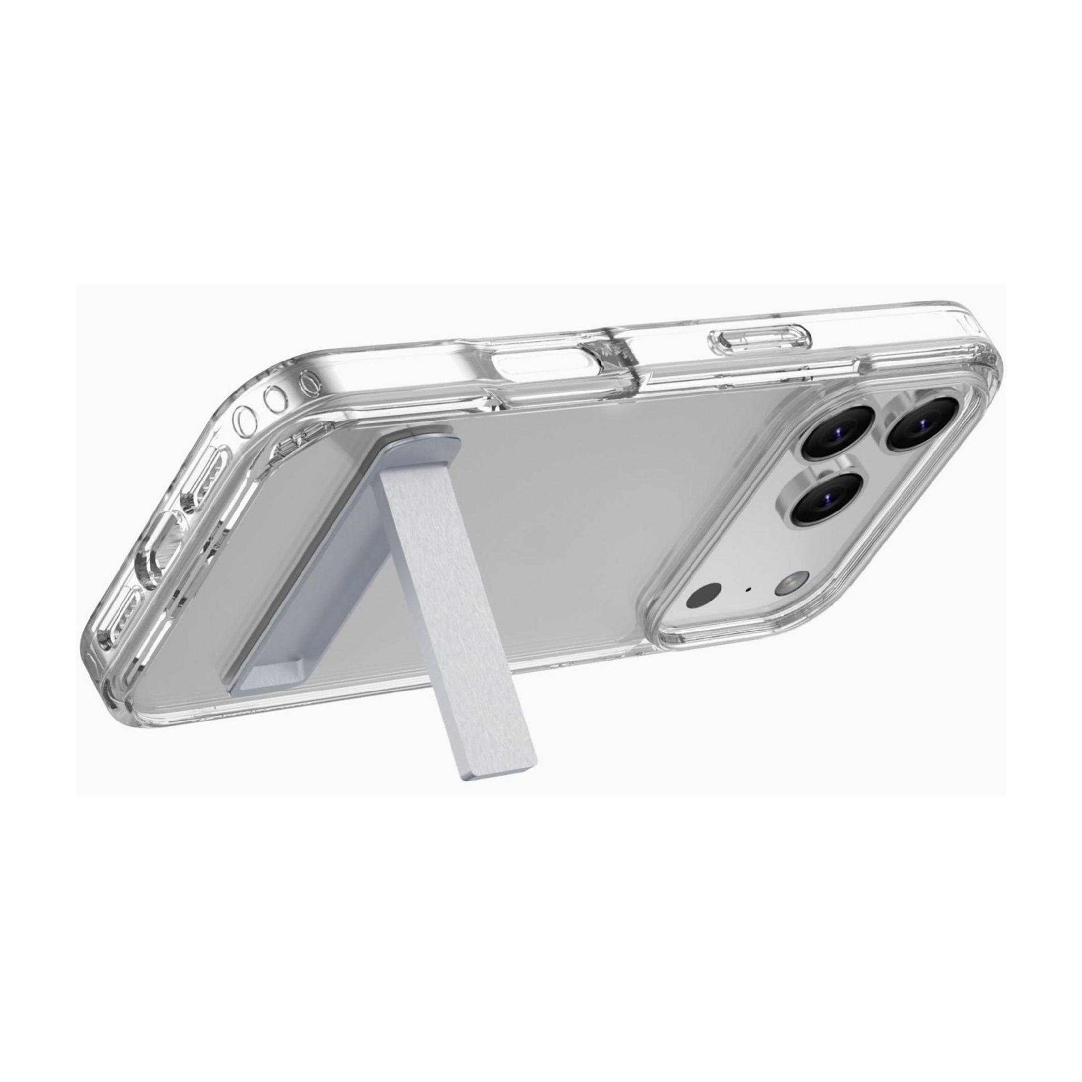 Coque de téléphone transparente avec béquille argentée, boutons latéraux visibles.