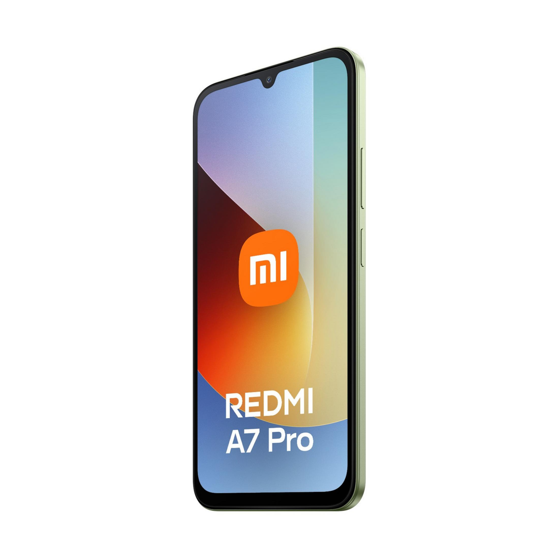 Ein leichtes hellgrünes Smartphone mit dem Xiaomi-Logo und „REDMI A7 Pro“.