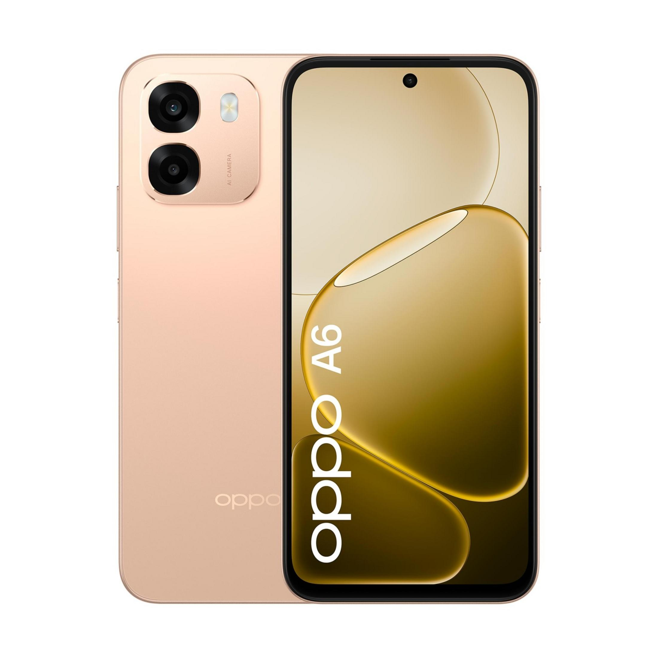 Uno smartphone Oppo A6 dorato con doppia fotocamera posteriore.