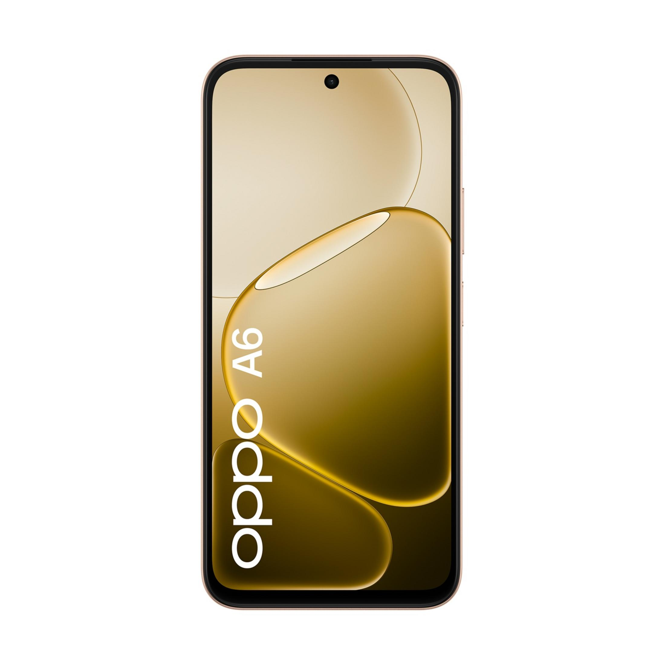 Uno smartphone OPPO A6 dorato con schermo scuro.
