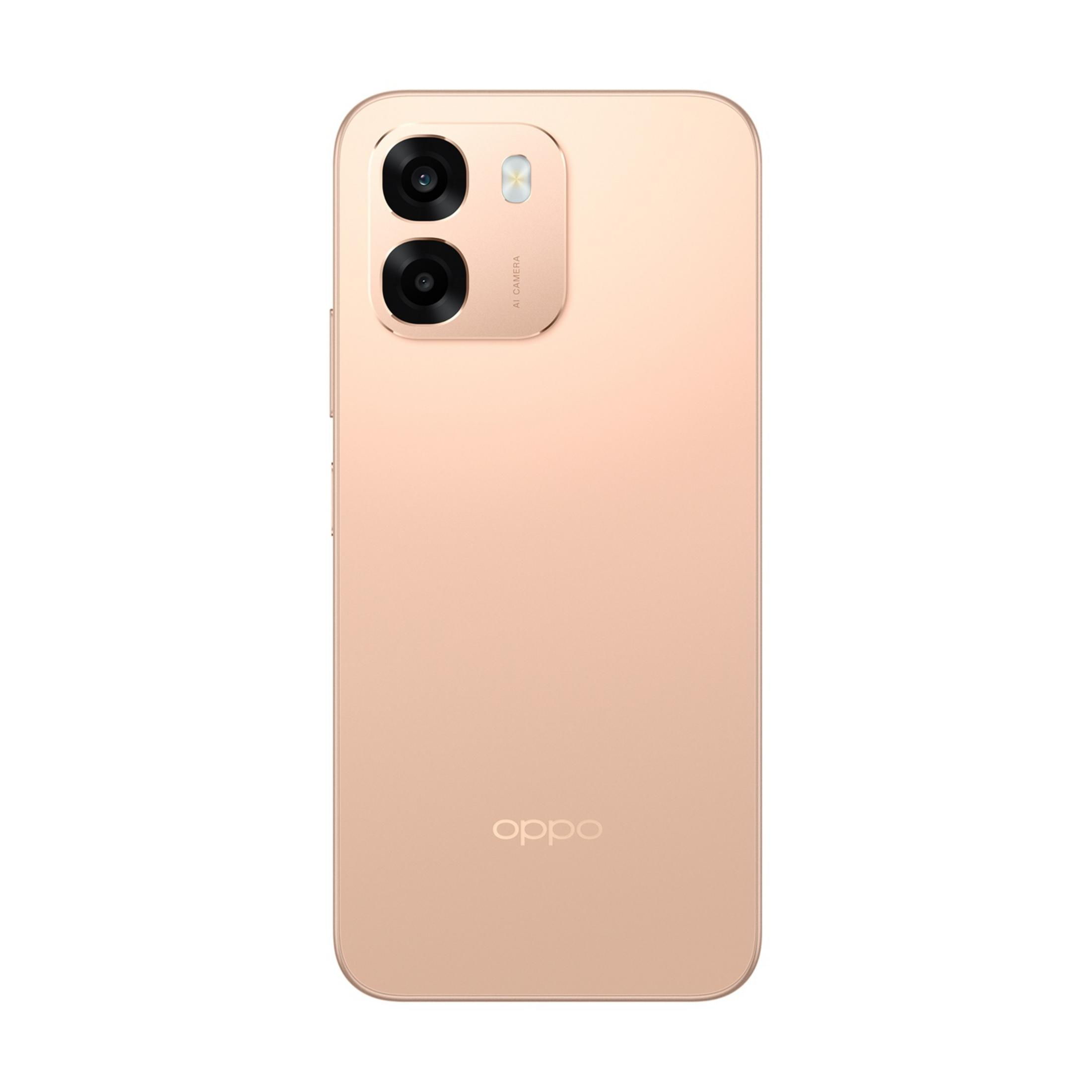 Retro di uno smartphone color oro rosa con due fotocamere e logo OPPO.