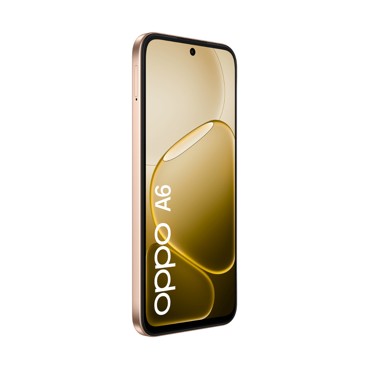 Uno smartphone OPPO A6 dorato con testo bianco sullo schermo.
