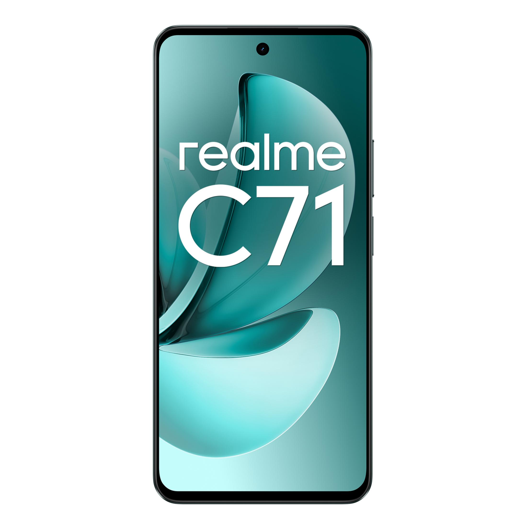 Ein schwarzes Smartphone mit dem Realme C71 Logo auf türkisfarbenem Hintergrund.