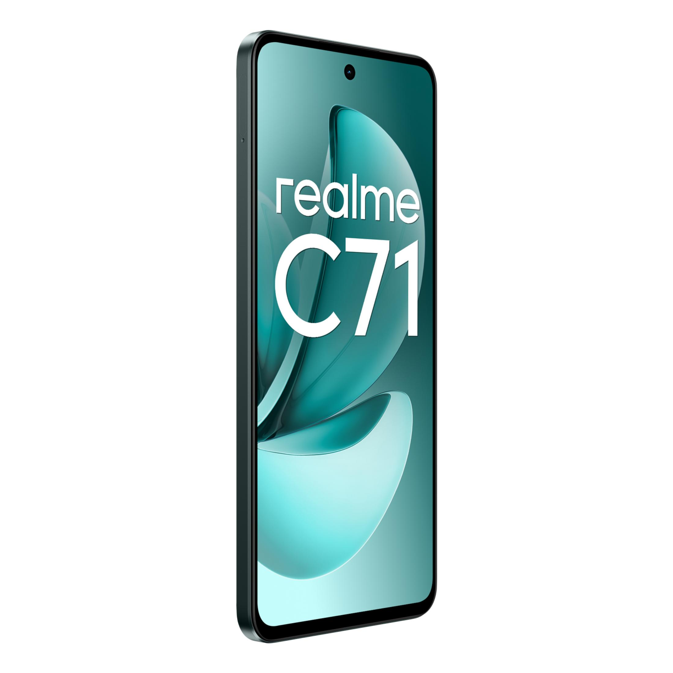 Ein schwarzes Smartphone mit dem Schriftzug 'realme C71' auf dem Bildschirm.