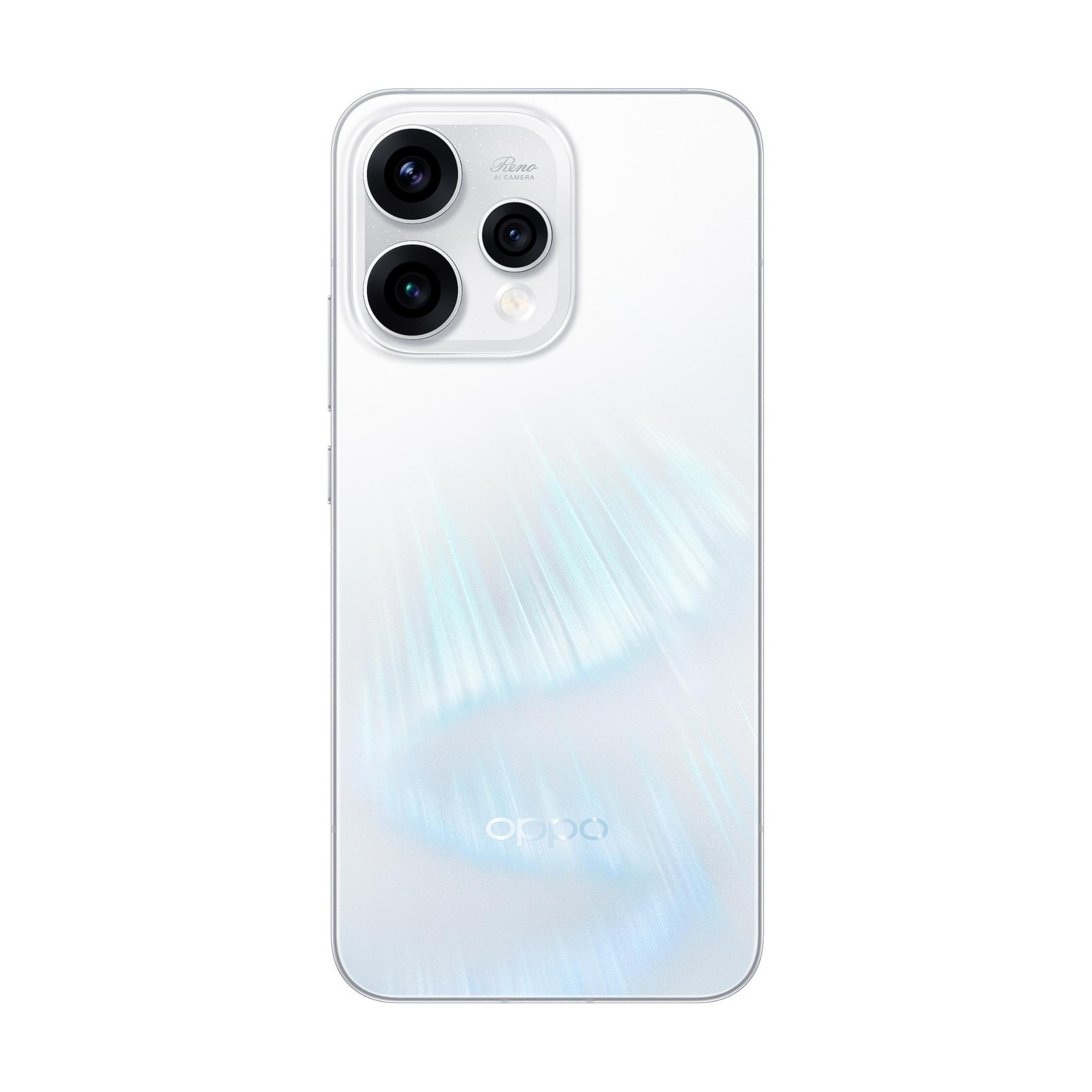 Uno smartphone bianco con tre fotocamere e un suggestivo motivo a striature luminose.