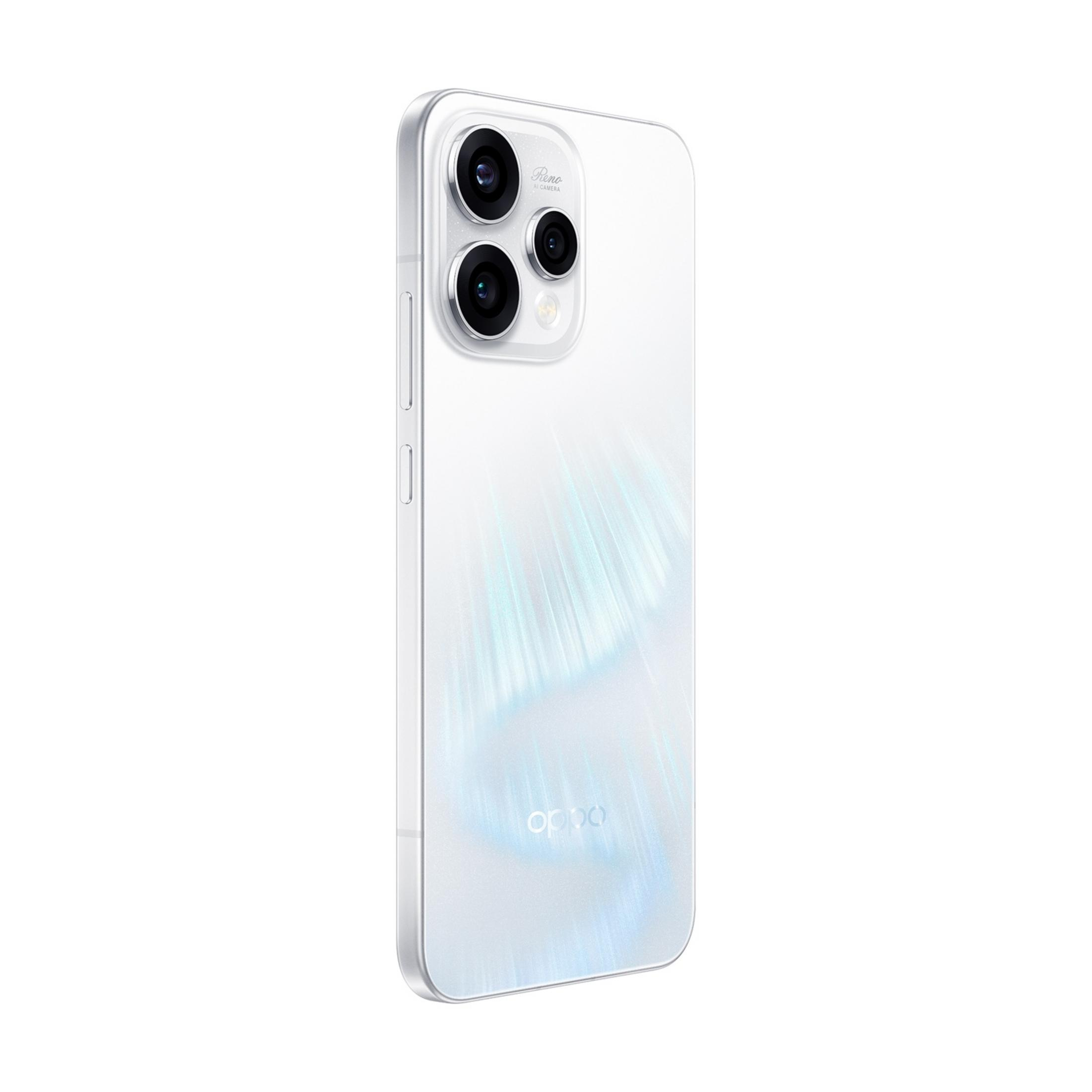 Uno smartphone bianco con tre fotocamere e un leggero effetto luce.